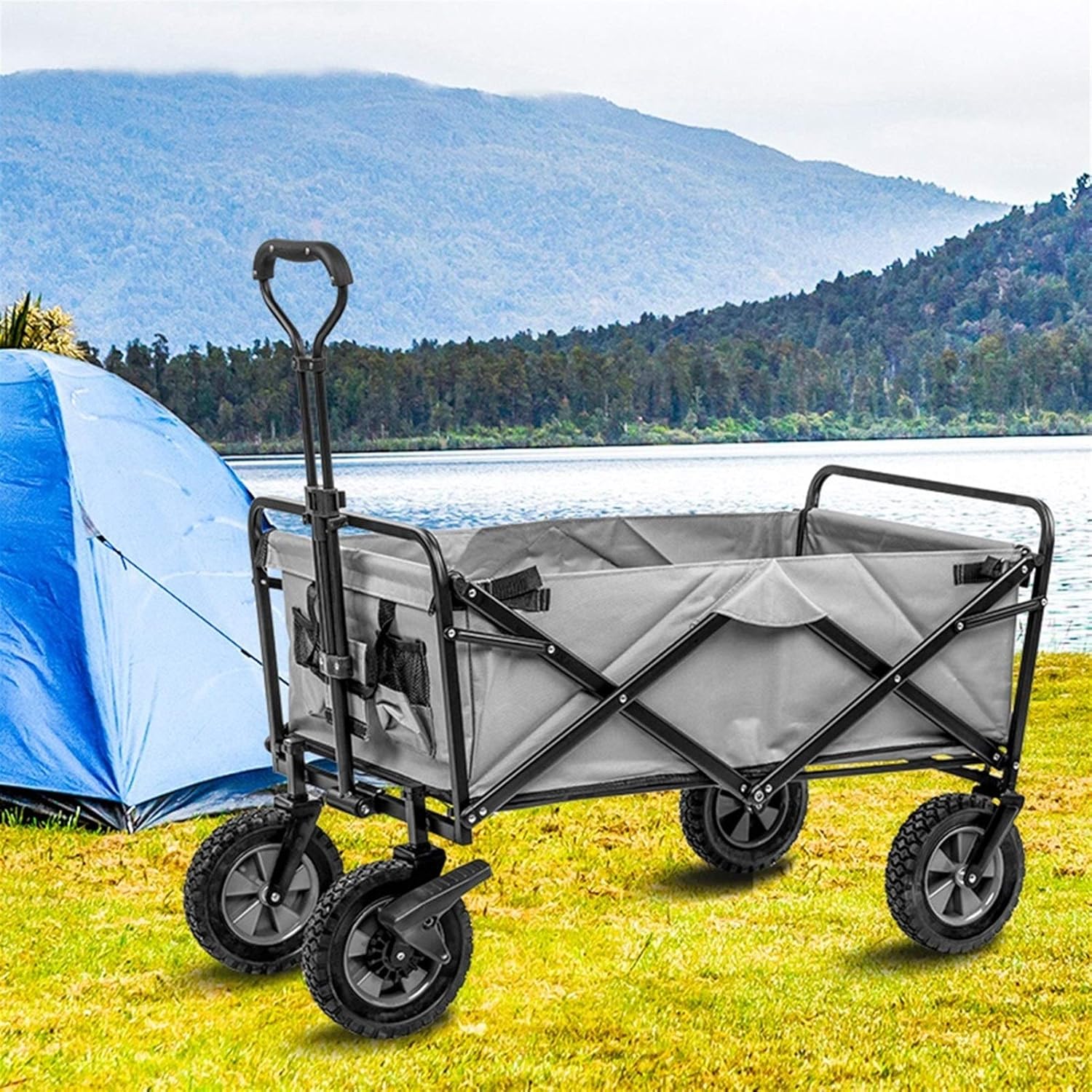 Shopping Cart Carts Outdoor Camping Trolley Picnic Fishing Folding Wagon with Brake Grocery Portable Trailer Load 100kg Shopping Baskets (Color : Ren, Size : 80 * 50 * 28cm)