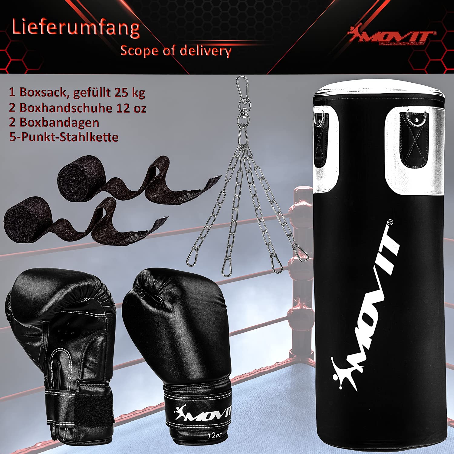 MOVIT Boxsack-Set 25 kg, gefüllt, inkl. Boxsack (Höhe 80cm x Durchmesser 30cm), 12 oz Boxhandschuhe, Boxbandagen, für Erwachsene, Boxing Boxen, schwarz oder weiß