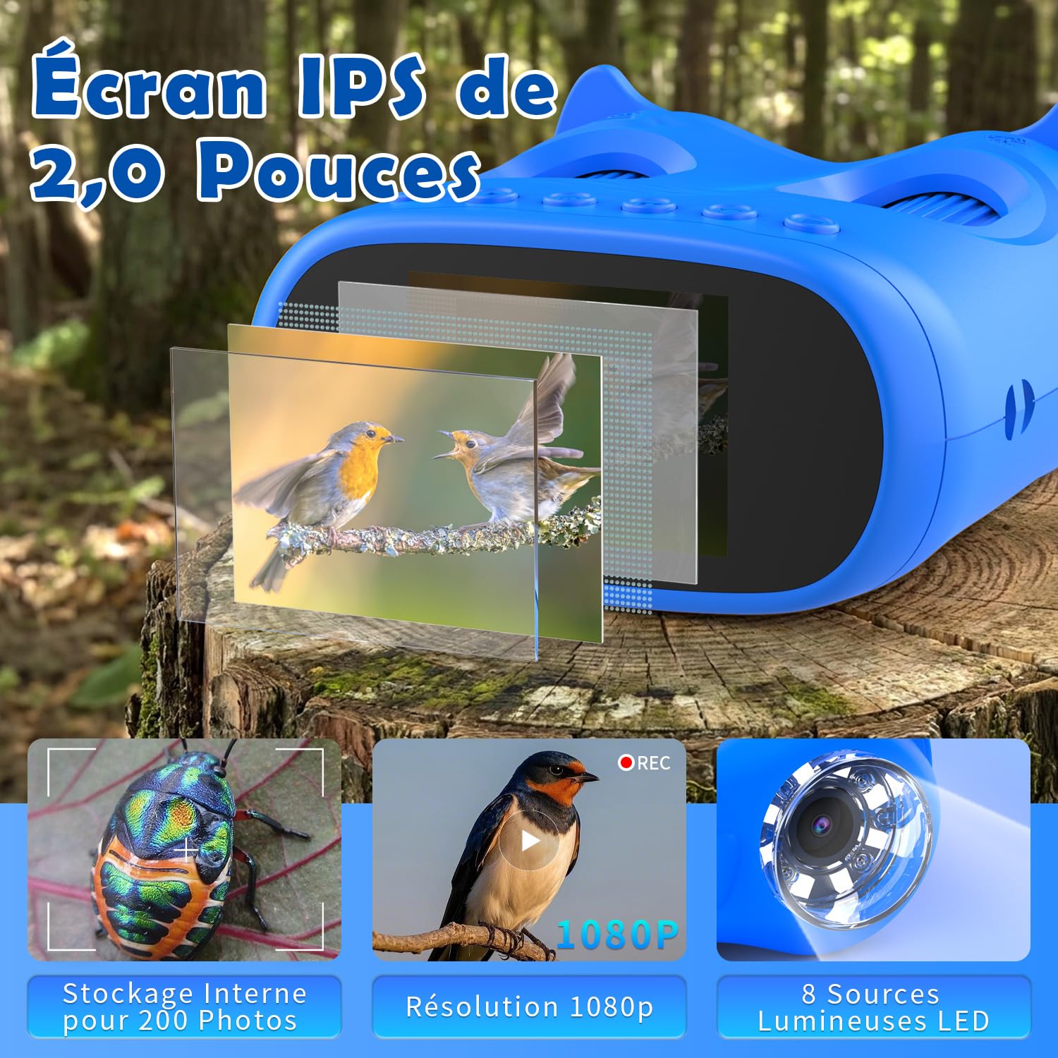 Microscope numérique 2 en 1 pour Enfants et Jumelles pour Enfants, Microscope de Poche IPS HD 2,0", télescope grossissant 10x avec 8 LED 1080P, Jouet d'extérieur Naturel pour Filles et garçons, Bleu