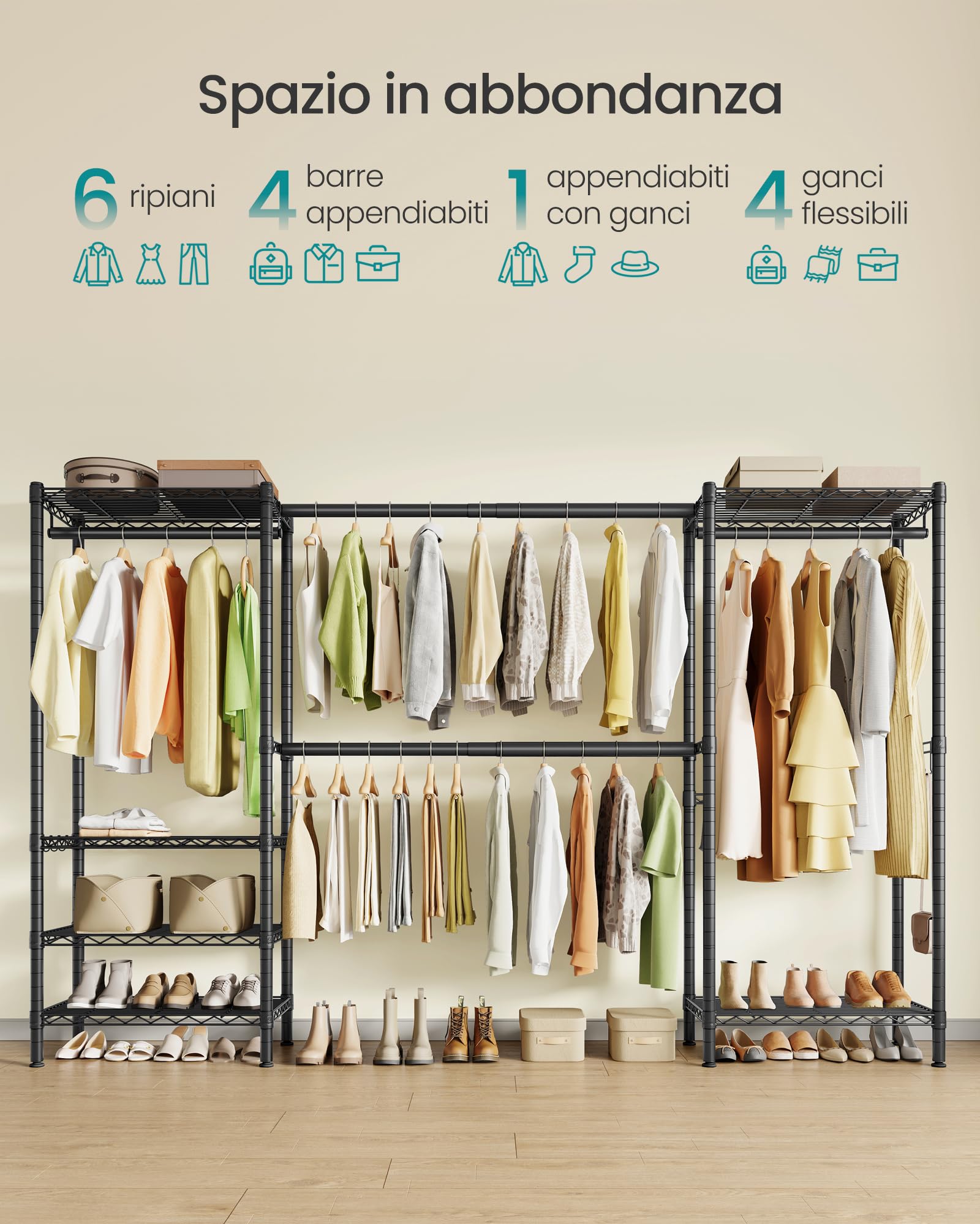 SONGMICS Appendiabiti per Carichi Pesanti, Armadio Portatile con Ripiani in Rete Regolabili e Barre Appendiabiti Estensibili, Ganci, 40 x (177-220) x 193 cm, Nero Inchiostro LGR438BH01