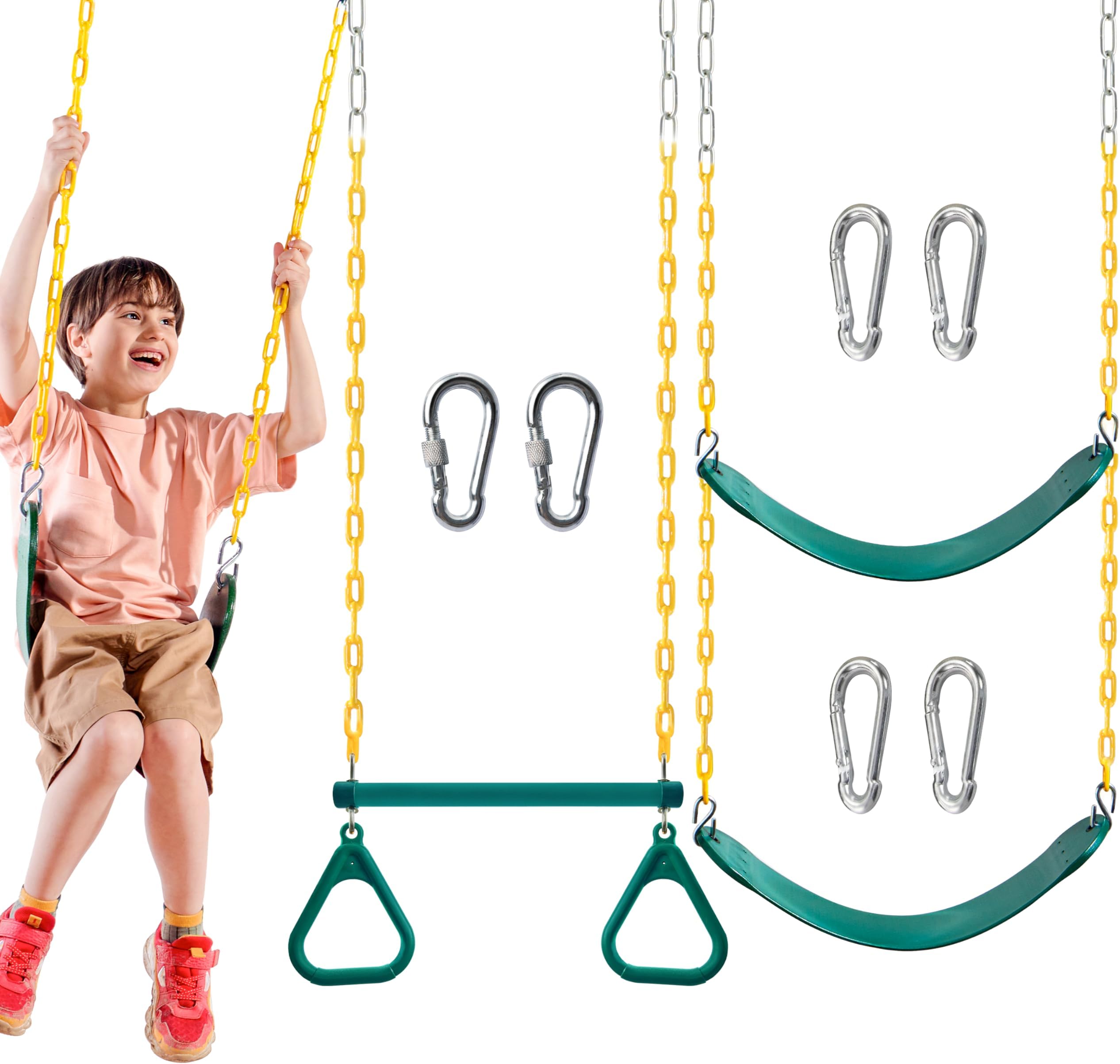 TURFEE 3 Pack Assorted Swing Set, Including 1 Gym Rings Trapeze Bar and 2 Pcs Swings with Plastic Coated Chain, Swingset Accessories Replacement for Kids Outdoor Play, Playground- Green
