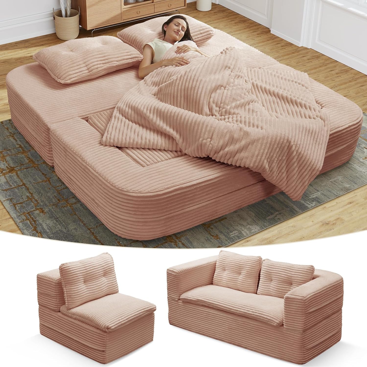 Sectional Folding Futon Sleeper Sofa Bed, Modular Convertible Fold Out Corduroy Cloud Boneless Foam Single Chair & Loveseat Sofa, King Size Bed with Blanket for Living Room Guest Room Studio, Pink