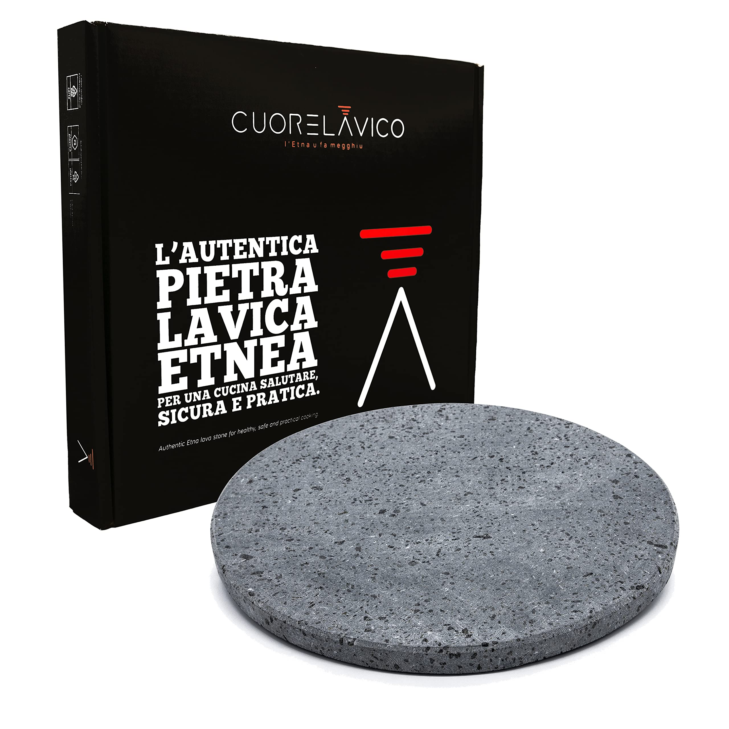 Cuore Lavico - Plaque réfractaire en pierre de lave de l’Etna, ronde pour pizza diamètre 35 cm, épaisseur 2 cm, pour four à gaz, électrique et barbecue pour pain et pizza - Fabriquée en Italie