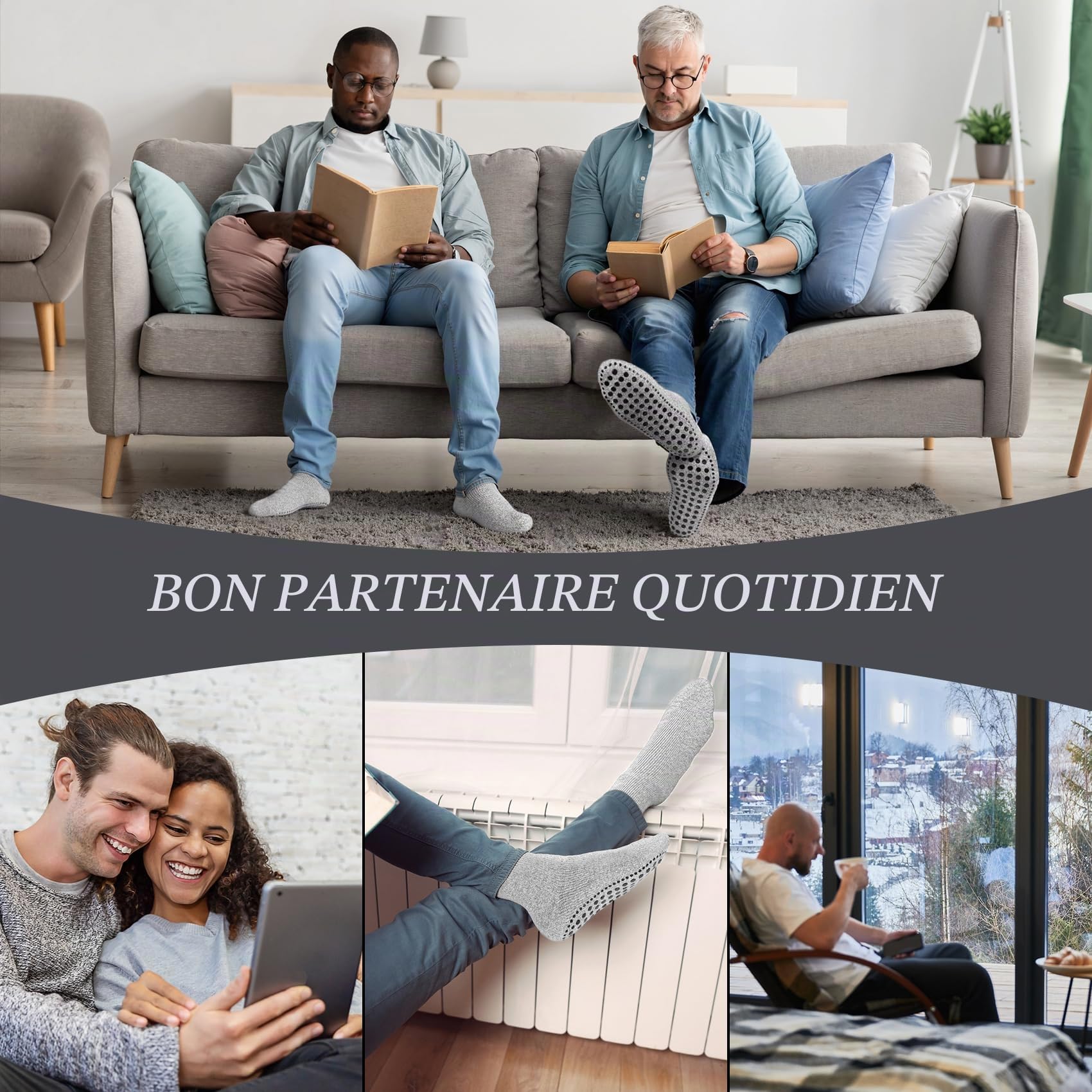 Chaussettes Laine Mérinos Homme 3 Paires Chaussettes Hiver Chaudes Antidérapantes avec Points de Gripper Chaussettes Épaisses et Douces pour Intérieur Maison