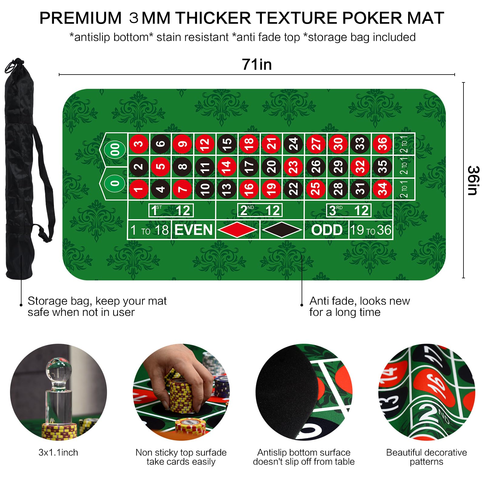 Blat stołu do pokera 180 x 91 cm przenośna mata stołowa do ruletki redukcja hałasu, z torbą do przenoszenia i piłkami do ruletki do gier w ruletkę