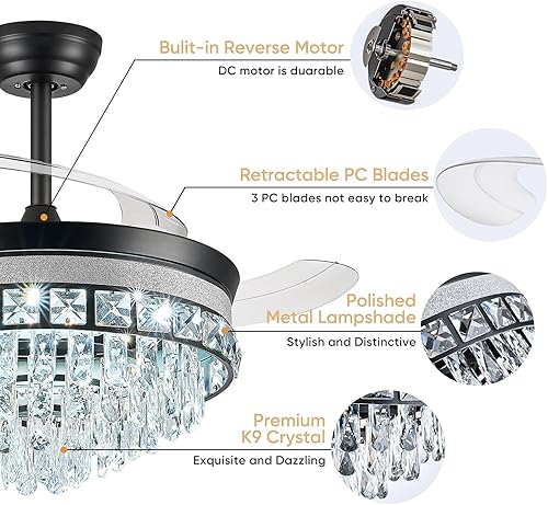 Miniatura 8 de Ventilador de techo de 42 pulgadas con luz, ventilador de araña para dormitorio, sala de estar, LED regulable, ventilador de techo retráctil de