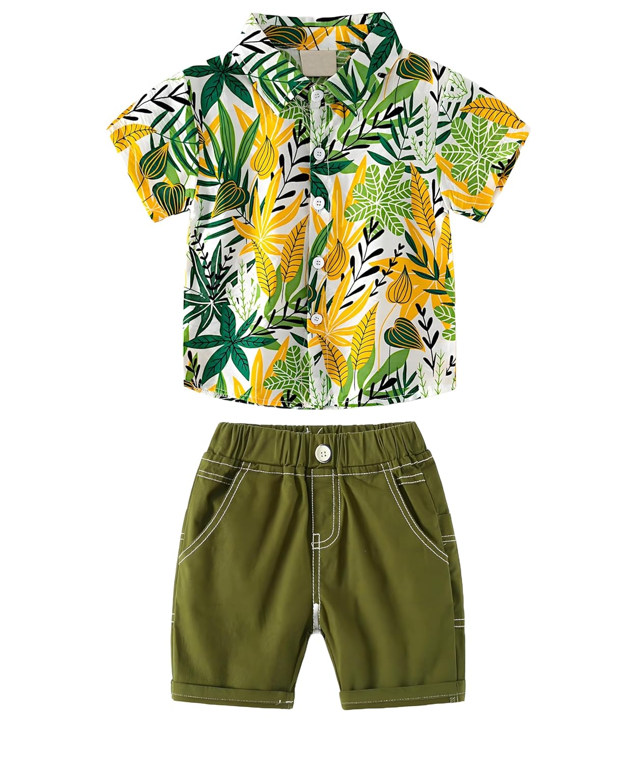 100% Cotton Stylish Hawaiian Beach Green Yellow Leaf Design Shirt & Shorts for Baby Boys