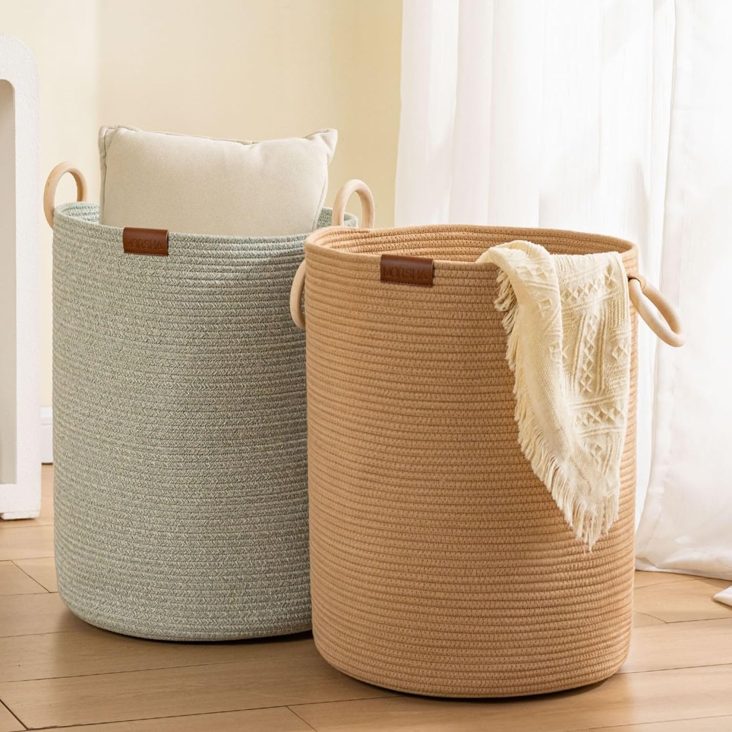 Jute Large Woven Laundry Basket Hamper,60L Cotton Rope Storage Bin for Blankets,Toys and Clothes,Decorative Tall Nursery Hamper for Living Room,Baby Nursery,Bathroom and Bedroom (1 Pack)