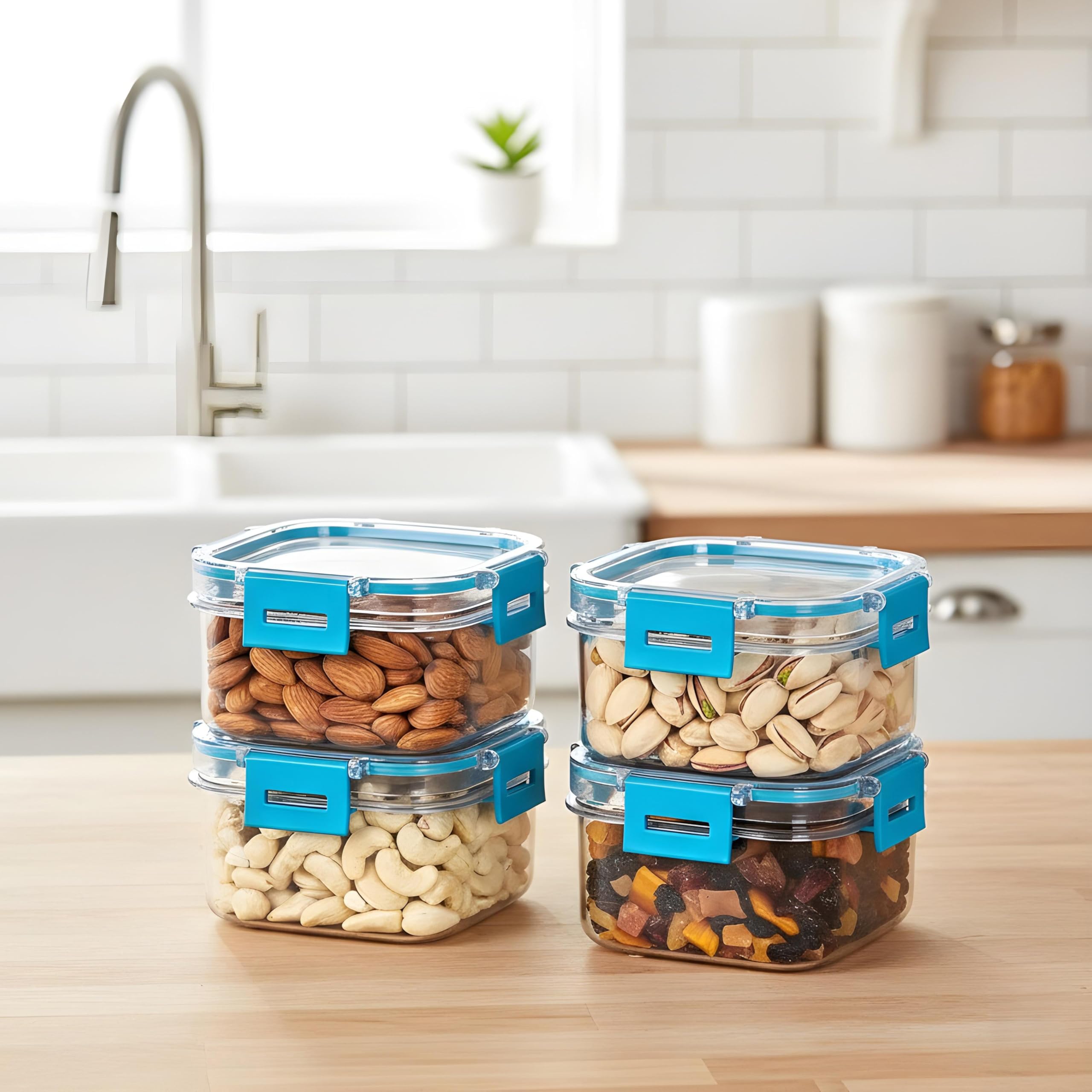 polyset click tite, air tight kitchen container set, multipurpose storage organiser for dry food, pulses, spice (blue set 4 square 750)