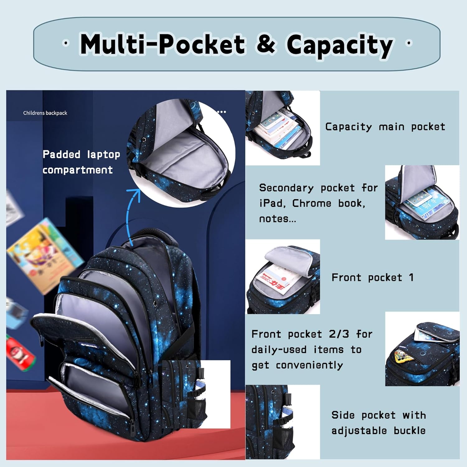 3Pcs Galaxy Boys Rolling Backpack Set with Insulated Lunch Bag, Multi-Pocket Trolley Elementary Bookbags School Bags on 6 Wheels - Image 4