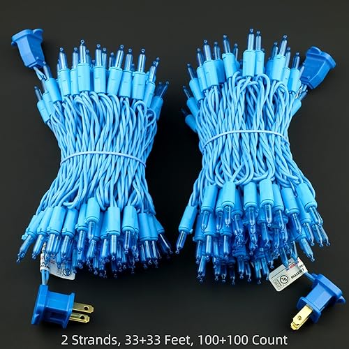 Miniatura 4 de YULETIME 200 Luces LED Azules de Navidad con Cable Azul, Paquete de 2 Tiras de 33 Pies, 100 Luces, Juego de Luces Navideñas Certificadas UL