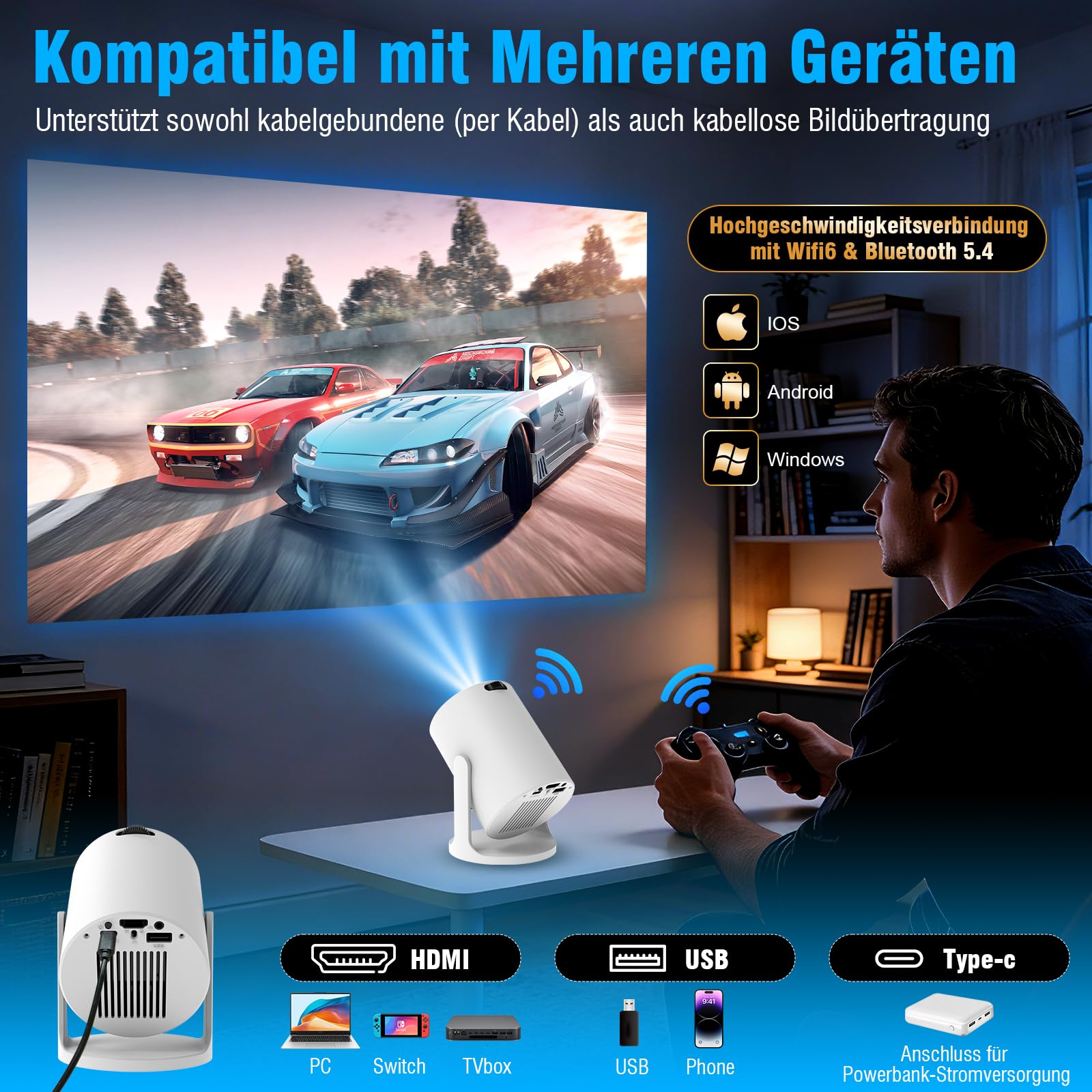 Tragbarer Mini Beamer 4K mit WiFi 6 und Bluetooth, Kleiner Projektor für unterwegs, 360° drehbarer Fuß, Powerbank-Anschluss und Handy-Kopplung, ideal für Heimkino und Portable Projector 4K Erlebnisse