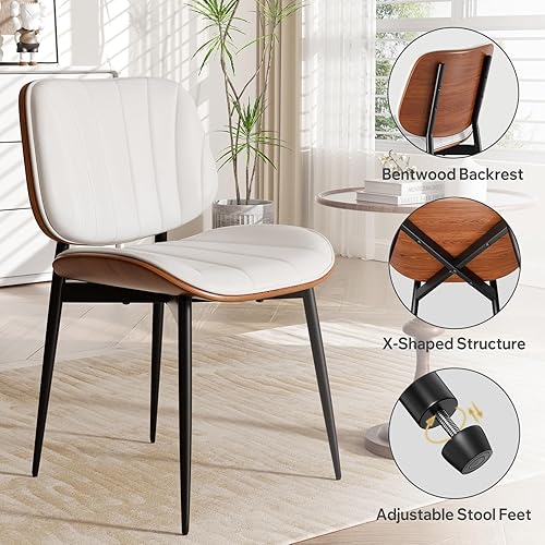 Miniatura 5 de Juego de 4 sillas de comedor, modernas de mediados de siglo, tapizadas de piel sintética, respaldo de madera curvada de nogal, patas de metal, color