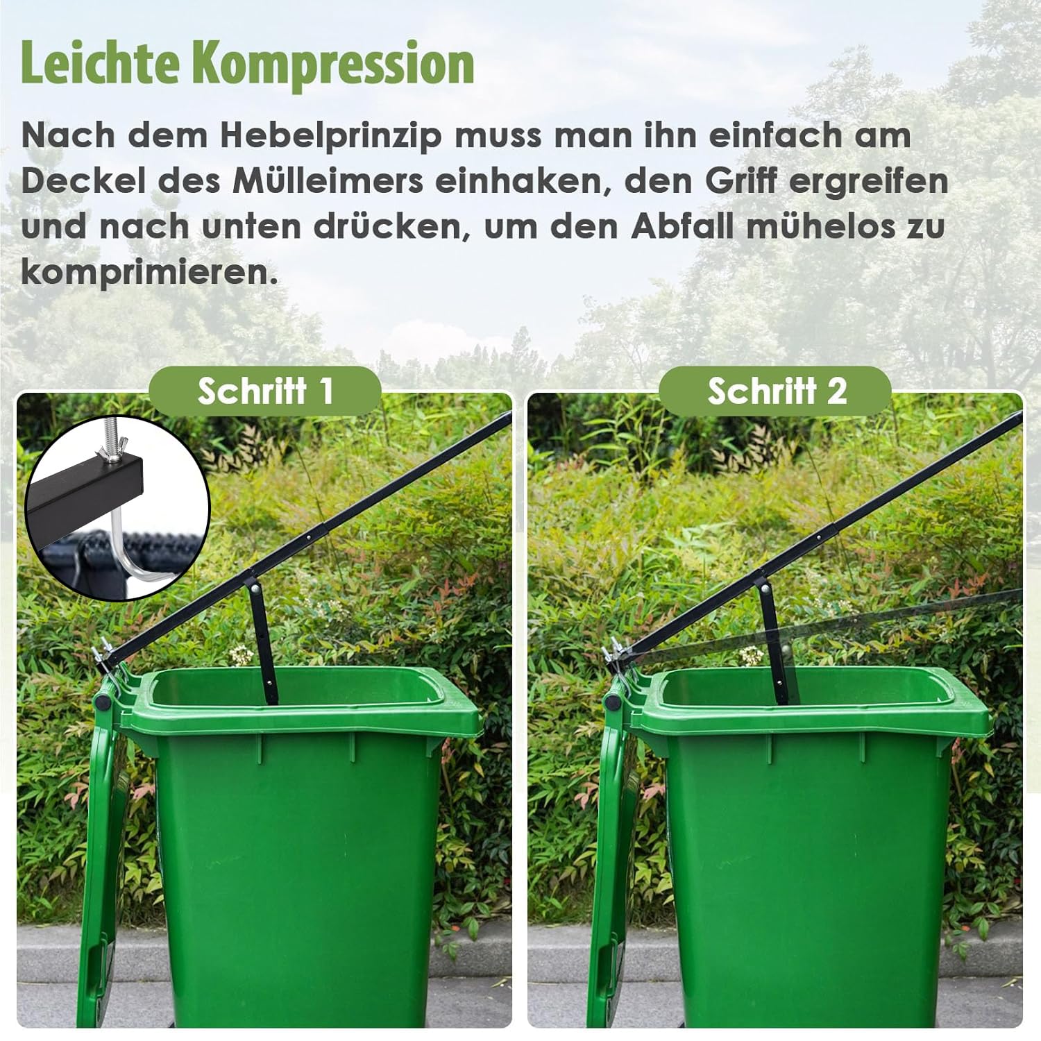 Müllpresse Mülltonnen Presse, Höhenverstellbar Müllverdichter Manuelle Hausmüllpresse, Mülleimer Presse Für Hausmüll, Restmüll und Kartons, Müllkomprimierer Geeignet für 120-360-Liter-Mülleimer