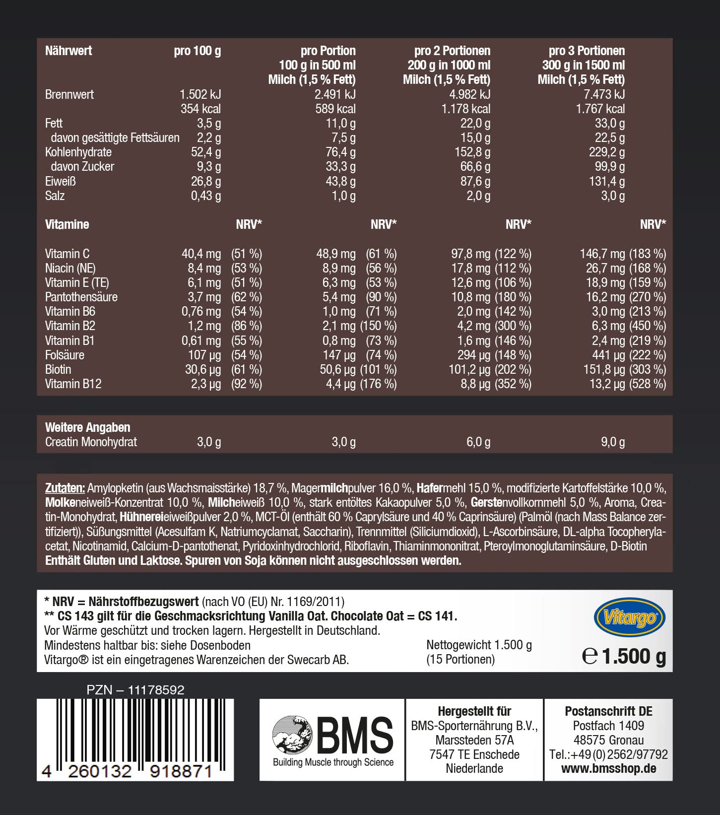 BMS Vitargo Pro Muscle Gainer Choco Oat 3750g