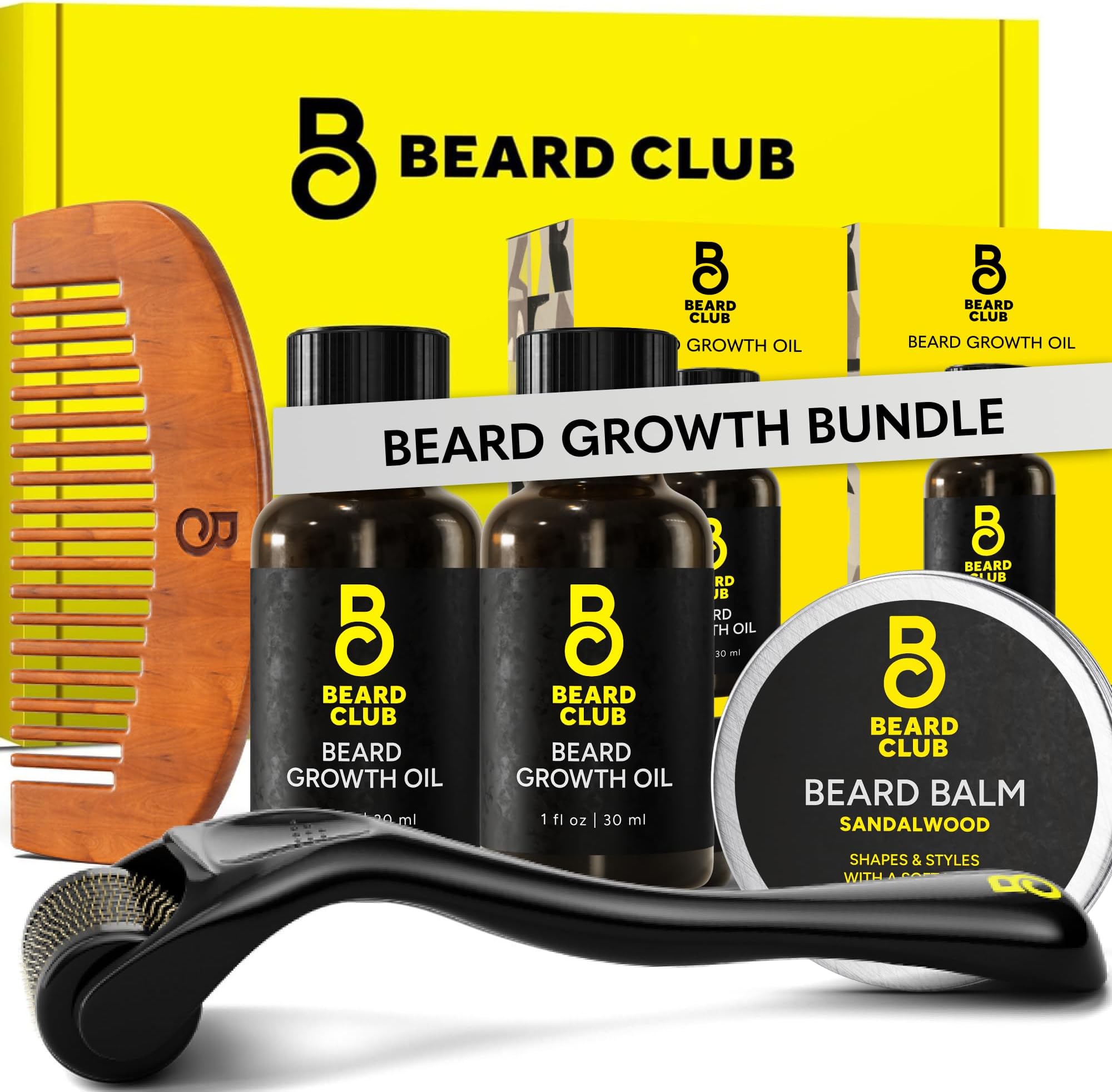 The Beard Club Enhanced Beard Growth Kit - Derma Roller, Beard Growth Oil (2PK), Sandalwood Beard Balm, Comb - Gift Set