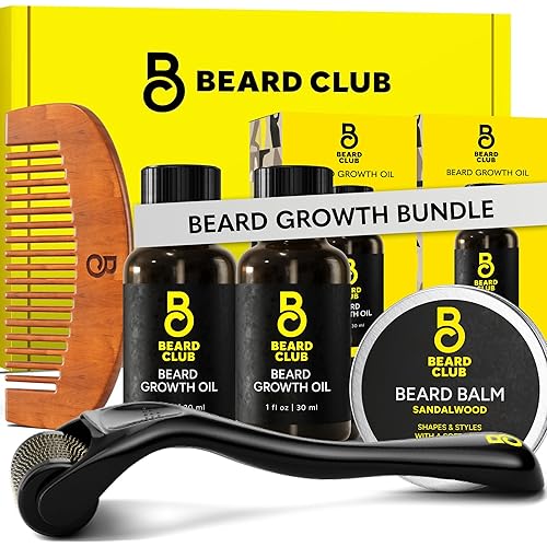 The Beard Club Enhanced Beard Growth Kit - Derma Roller, Beard Growth Oil (2PK), Sandalwood Beard Balm, Comb - Gift Set