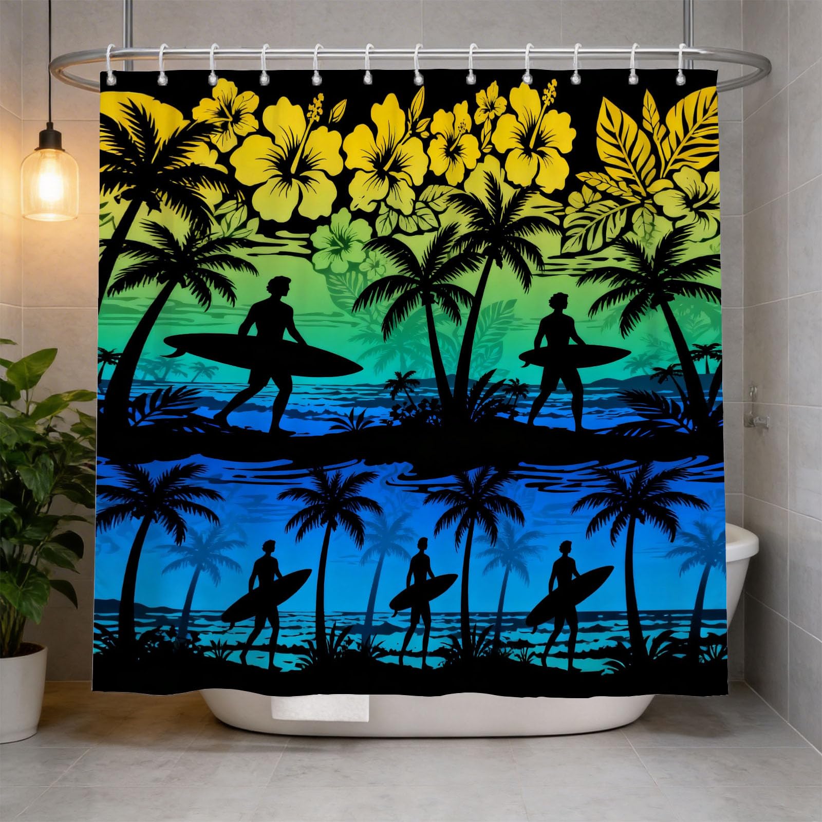 Hongduo White 3D Surfing Silhouette Shower Curtain For Stalls Bathtubs Tropical Palm Tree Bathroom Decor Shower Curtain Set Polyester Fabric Waterproof 180X180cm/71X71 Inch With Hooks