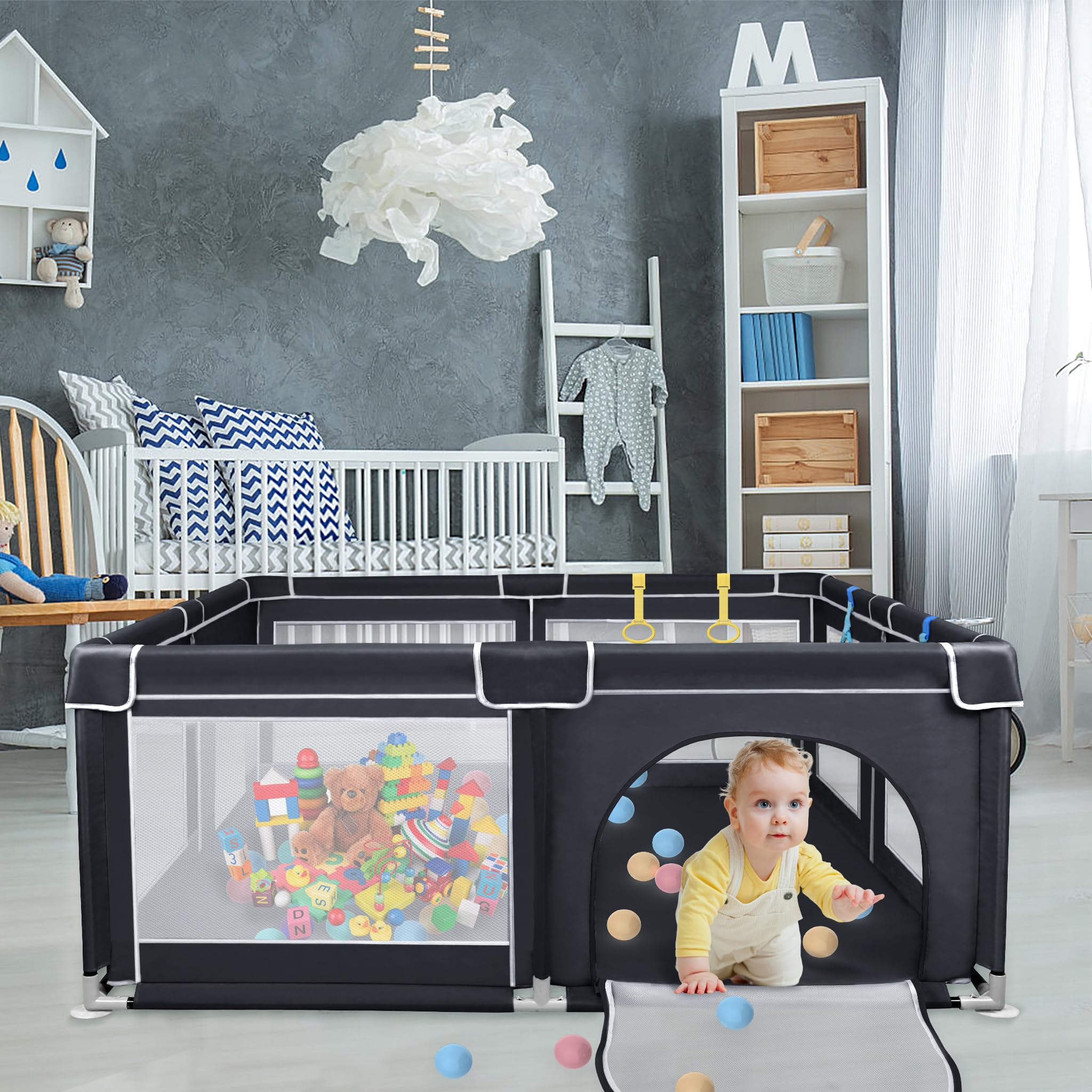 Froadp Parque infantil plegable y parque infantil, valla para bebés, valla de barrera con red transpirable y 50 bolas, piscina de pelotas para niños y bebés, color negro, 180 x 150 x 68 cm