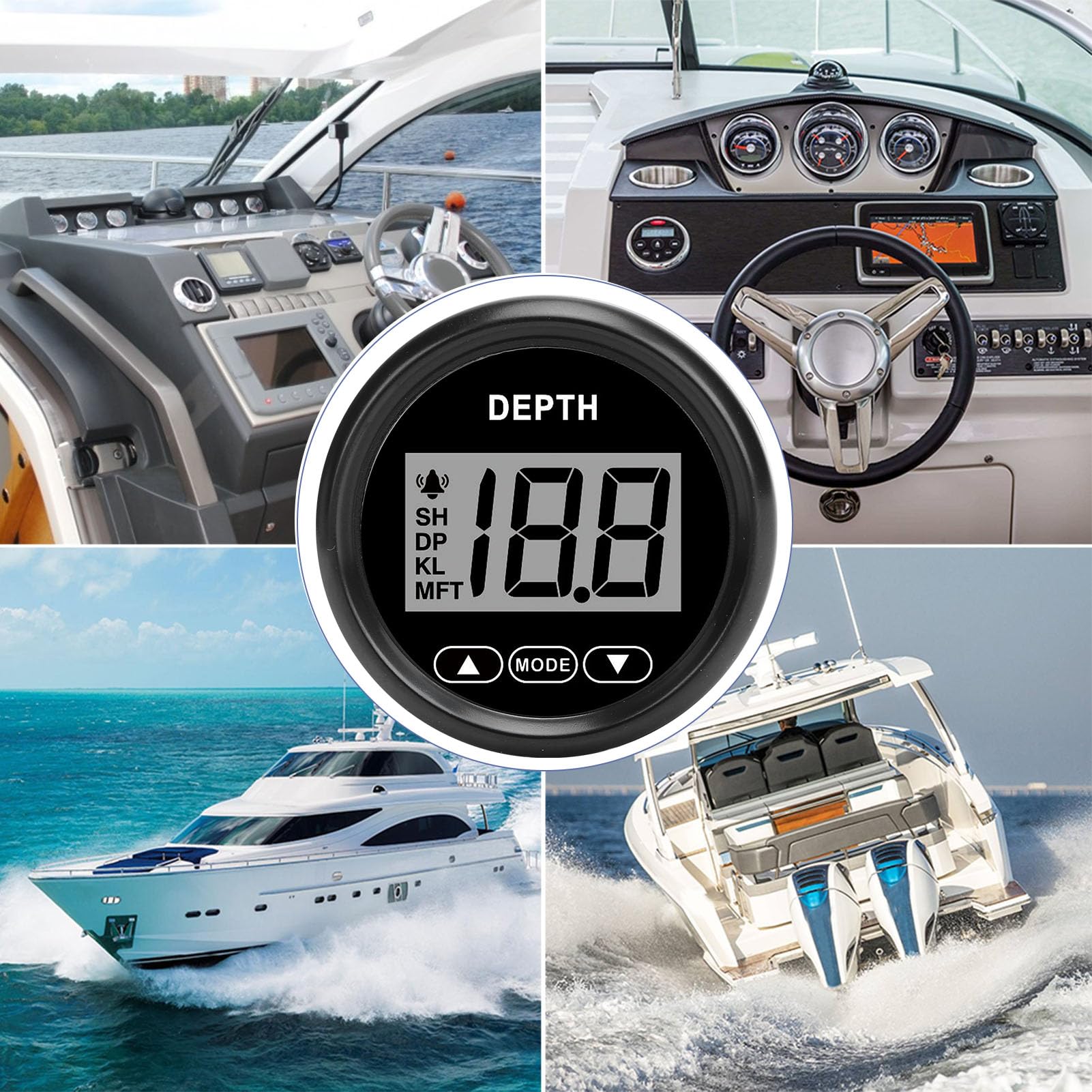Tiefenmesser für Boote, Edelstahl 316L-Lünette, Beschlagfreies Glas, IP67, Wasserdichtes LCD-Display, 100 M Reichweite, 12 V, mit Alarm und (81000245 Schwarzes Zifferblatt, schwarze Lünette)