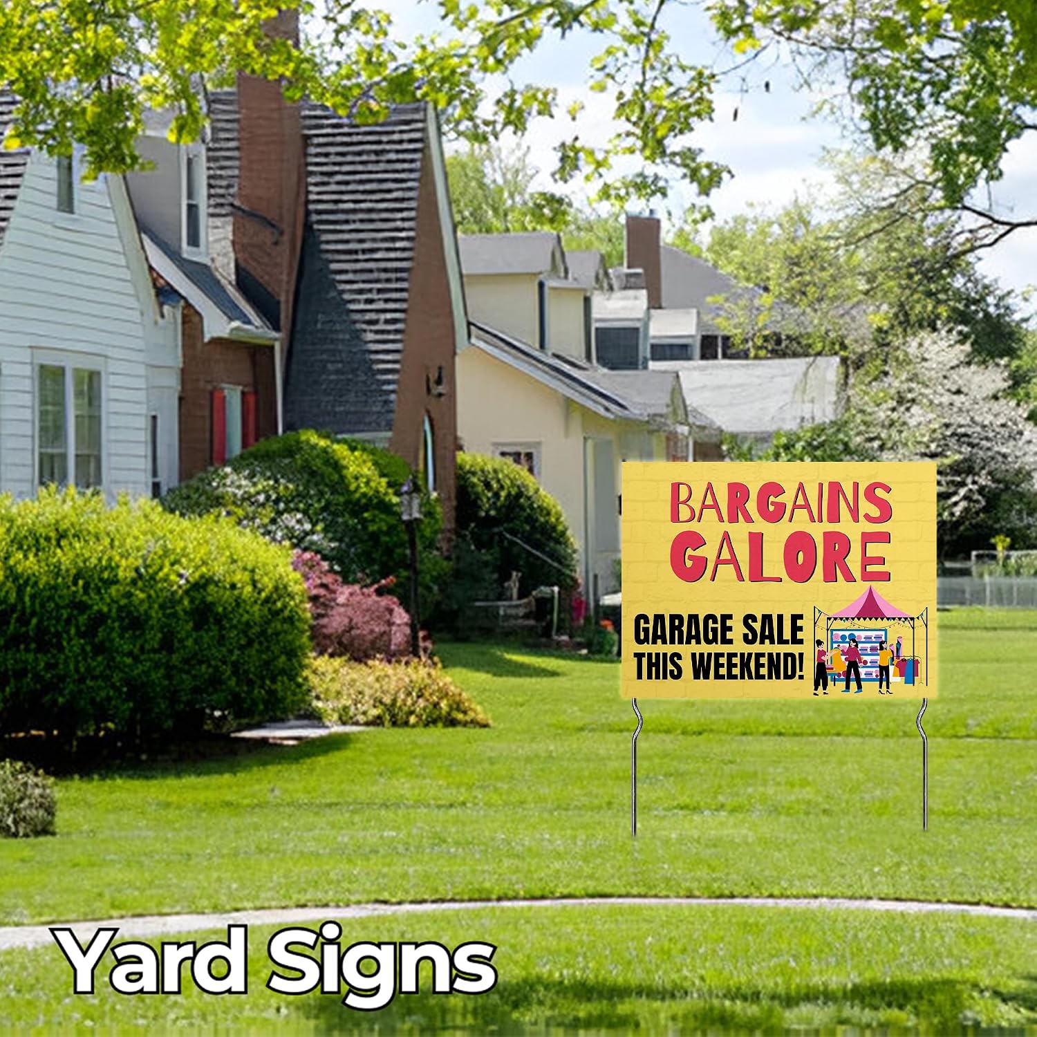 Bargains Galore – Garage Sele This Weekend! Yard Sign by DC | 24"x18" Double Sided Yard Sele Garden Sign with 13” Metal Stakes | Waterproof Signs for Lawn, Patio, Sidewalk & House | Set of 2