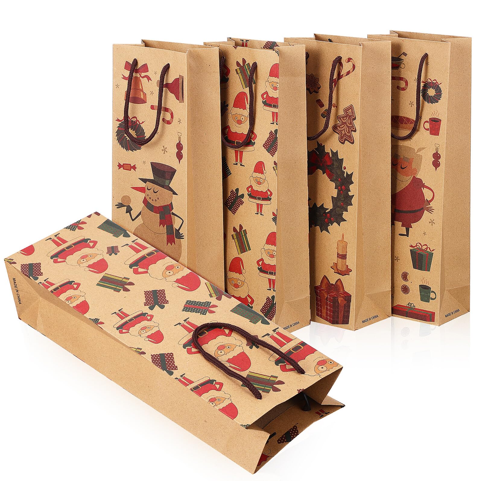 MOLUCKFU 12 Pezzi Sacchetti Regalo Bottiglie Vino Natale in Kraft Resistente e Riutilizzabile Borse Porta Vino Decorativi per Feste e Regali Natalizi