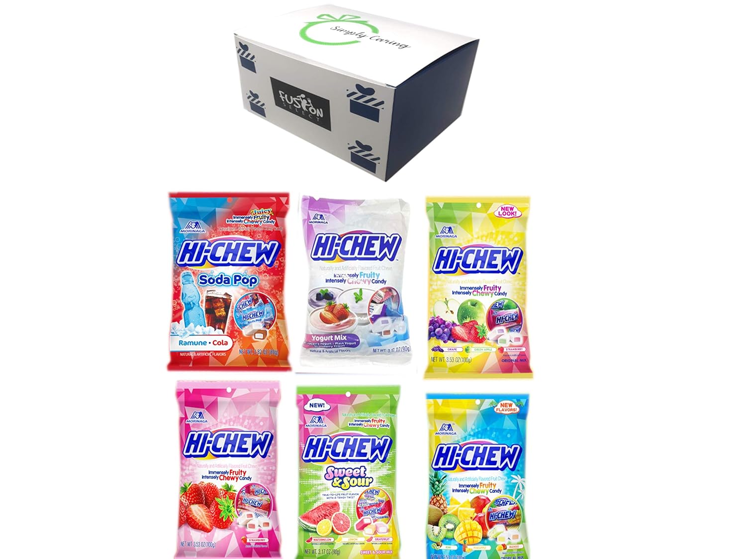 Hi Chew Candy 6 Flavor Variety Pack Bundle (Tropical Mix, Sours, Soda Pop, Yogurt Mix, Strawberry, Original Mix) in Fusion Select Gift Box