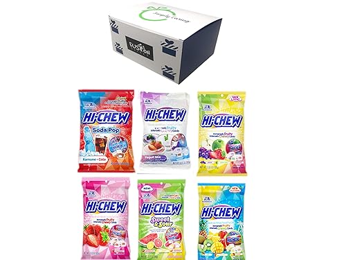 Hi Chew Candy - Paquete variado de 6 sabores (mezcla tropical, agrio, soda, mezcla de yogur, fresa, mezcla original) en caja de regalo Fusion Select