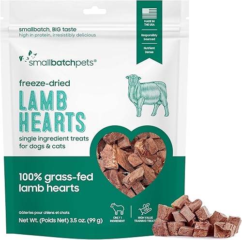 smallbatch Pets Premium - Golosinas de corazón de cordero liofilizadas para perros y gatos, 3.5 onzas, fabricadas y obtenidas en los Estados Unidos