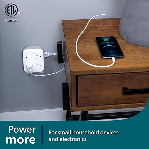 Miniatura 6 de Philips Grifo de sobretensión todo en uno, 4 tomas de tierra y 4 polarizados, 1140 julios, diseño espaciado por adaptador, certificado ETL,