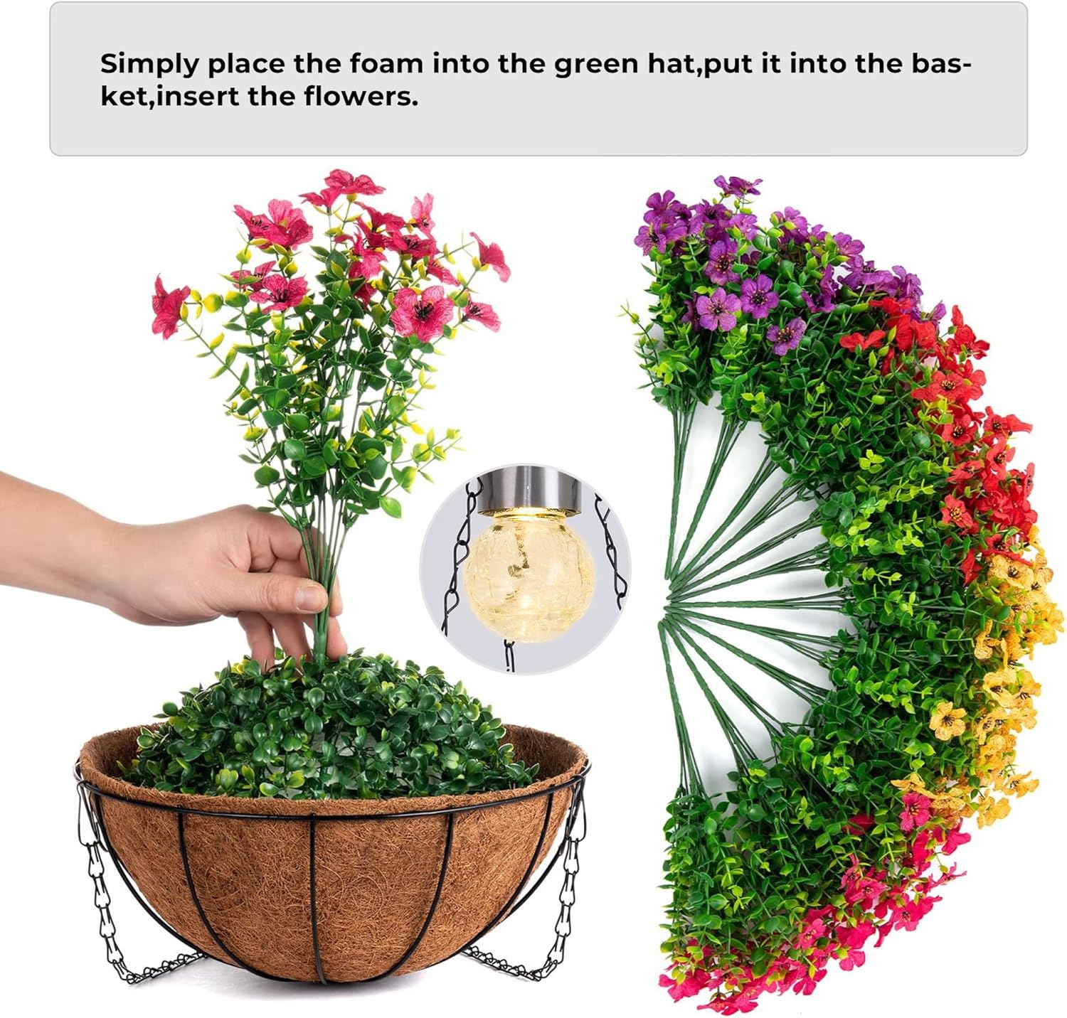 Artificial Faux Hanging Plants Flowers Basket for Summer Outdoor Outside Decorations,Fake Silk UV Resistant Look Real,Realistic Ferns for Outdoors for Porch Garden Decor,12 Bundles (Blue Red Purple)