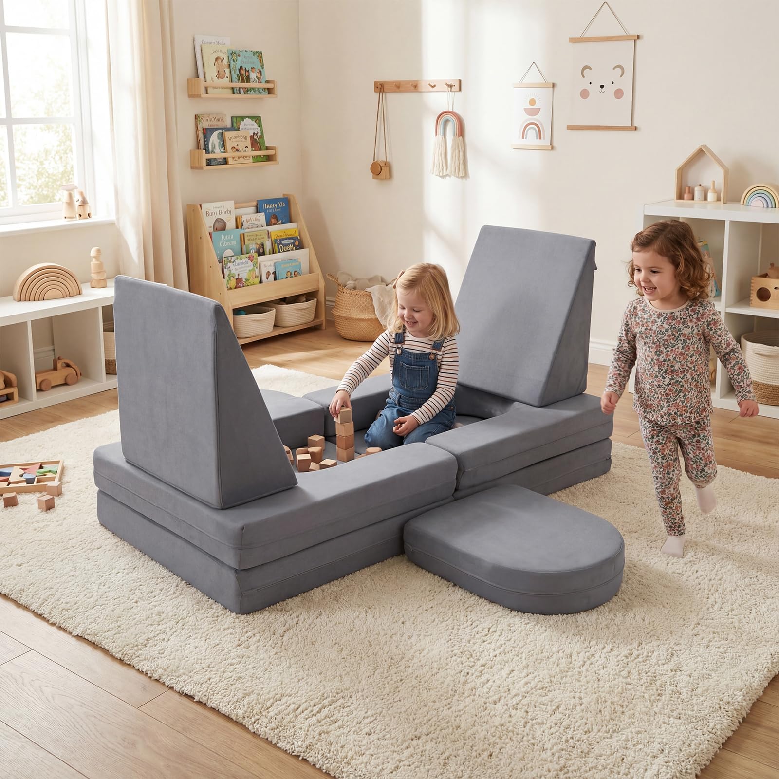 COSTWAY 10-częściowa modułowa sofa do zabawy, rozkładana sofa dziecięca ze zdejmowaną i nadającą się do prania poszewką z zamszu, piankowe klocki do pokoju dziecięcego, kanapa dla dzieci od 3 lat