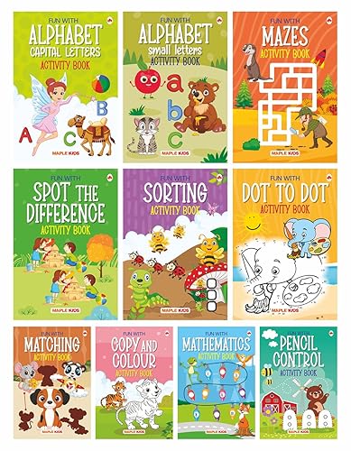 Brain Booster Activity Book Set (Set of 10 books) (Colourful Pages) - 3 Years to 5 Years Old - Learn and Practice ABC Capital and Small Letters, Mazes, Spot the Difference, Pencil Control, Dot to Dot, Mathematics - Fun Early Learning