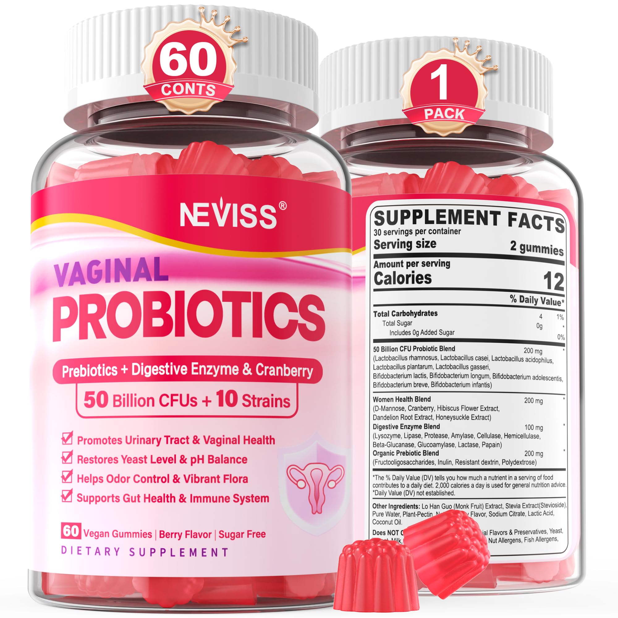 Vaginal Probiotics Gummies for Women PH Balance, Odor Control with Prebiotics, Cranberry, D-Mannose, Promotes Feminine Healthy Vaginal Flora, Urinary Tract, Yeast, Digestive Support, Sugar Free,60Cts