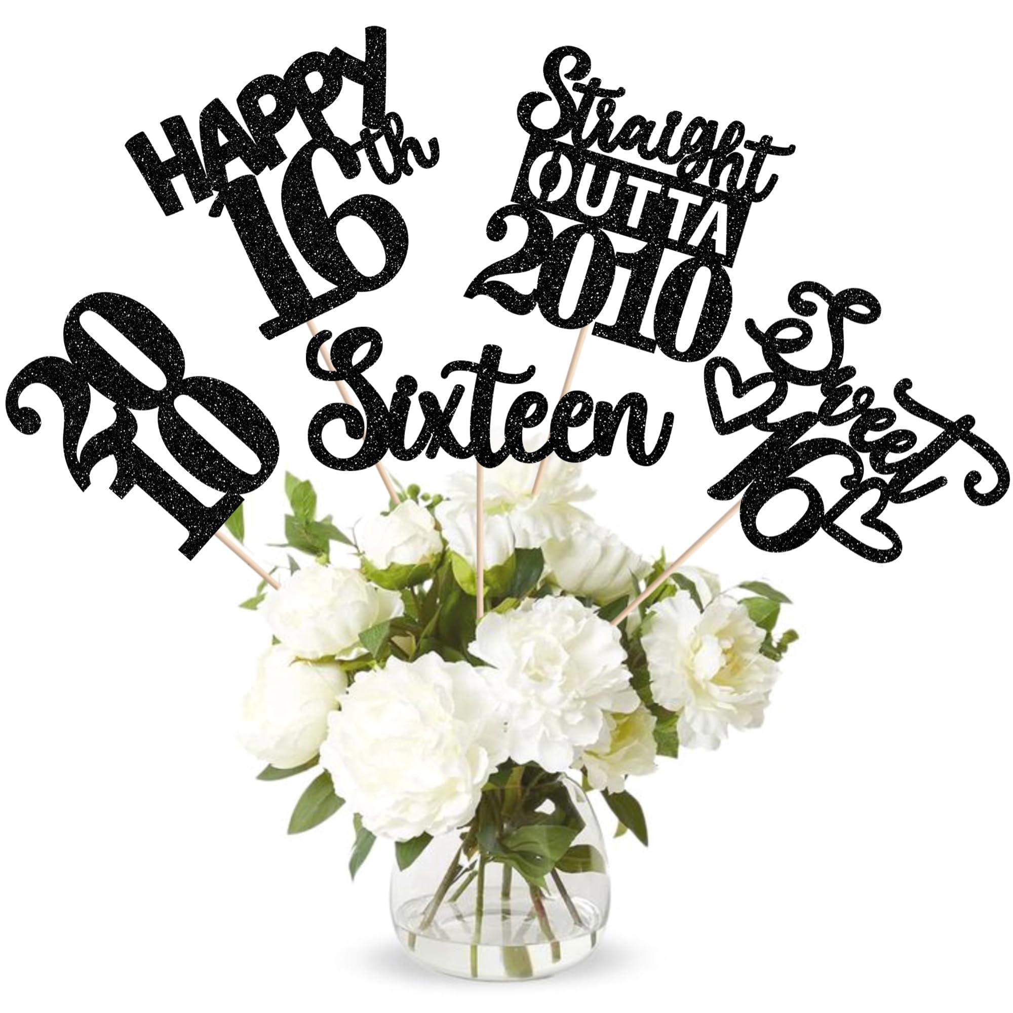 15 PCS 16th Birthday Centerpiece Sticks Sixteen Happy 16th Straight Outta 2010 Table Flower Centerpieces Sticks Cheers to 16 Floral Decorations for 16th Birthday Party Centerpieces Supplies Black