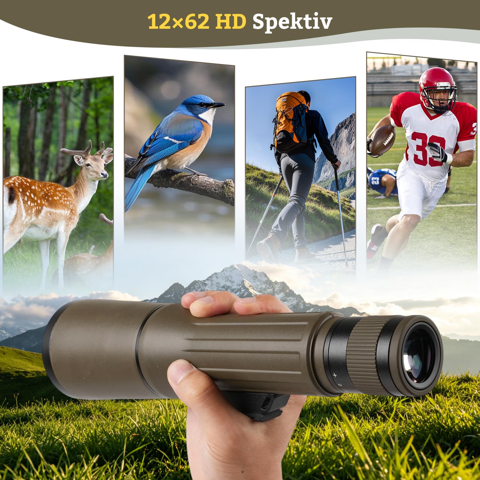 12×62 Spektiv Vogelbeobachtung HD IPX7 Wasserdichtes | Spektiv mit Stativ BAK4 FMC Porro Prism für Sportschützen,Twist-up-Augenmuschel,Monokular Fernrohr für Jagd Wildtiere