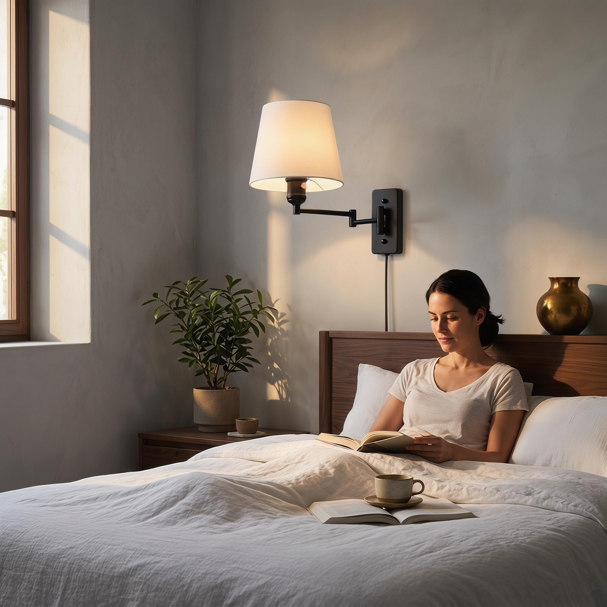 B·LED BARCELONA LED BarcelonaLED Wandleuchte mit Gelenkarm, nordisches Schwarz, modern, mit Steckerkabel und Schalter, Stoffschirm, weiß, E27-Fassung für Lesen Schlafzimmer Nachttisch Hotel