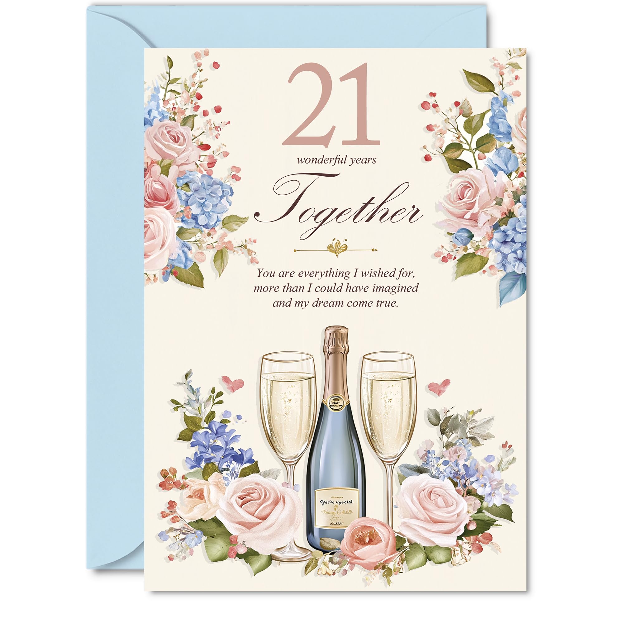 21st Anniversary Card for Women Men - Floral Champagne - Happy 21 Year Anniversary Card for Boyfriend Companion Wife Partner, A5 Wedding Anniversaries Greeting Cards