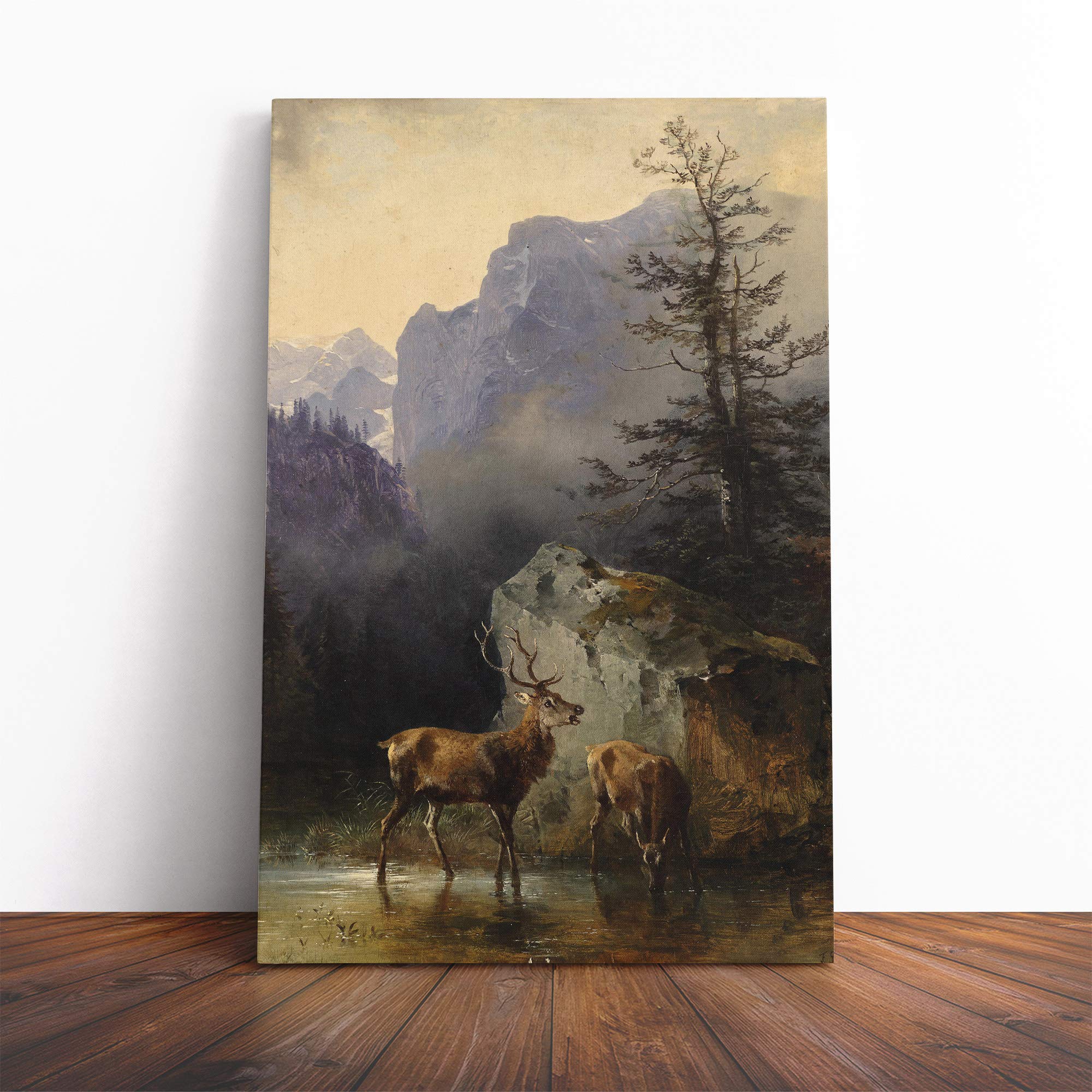 Friedrich Gauermann Deer and Stag Canvas Print | Gallery Wrapped 30mm Frame Wall Art | 30x20 inches | Ready to Hang | Modern Animals Picture | Living Room Bedroom Lounge Office