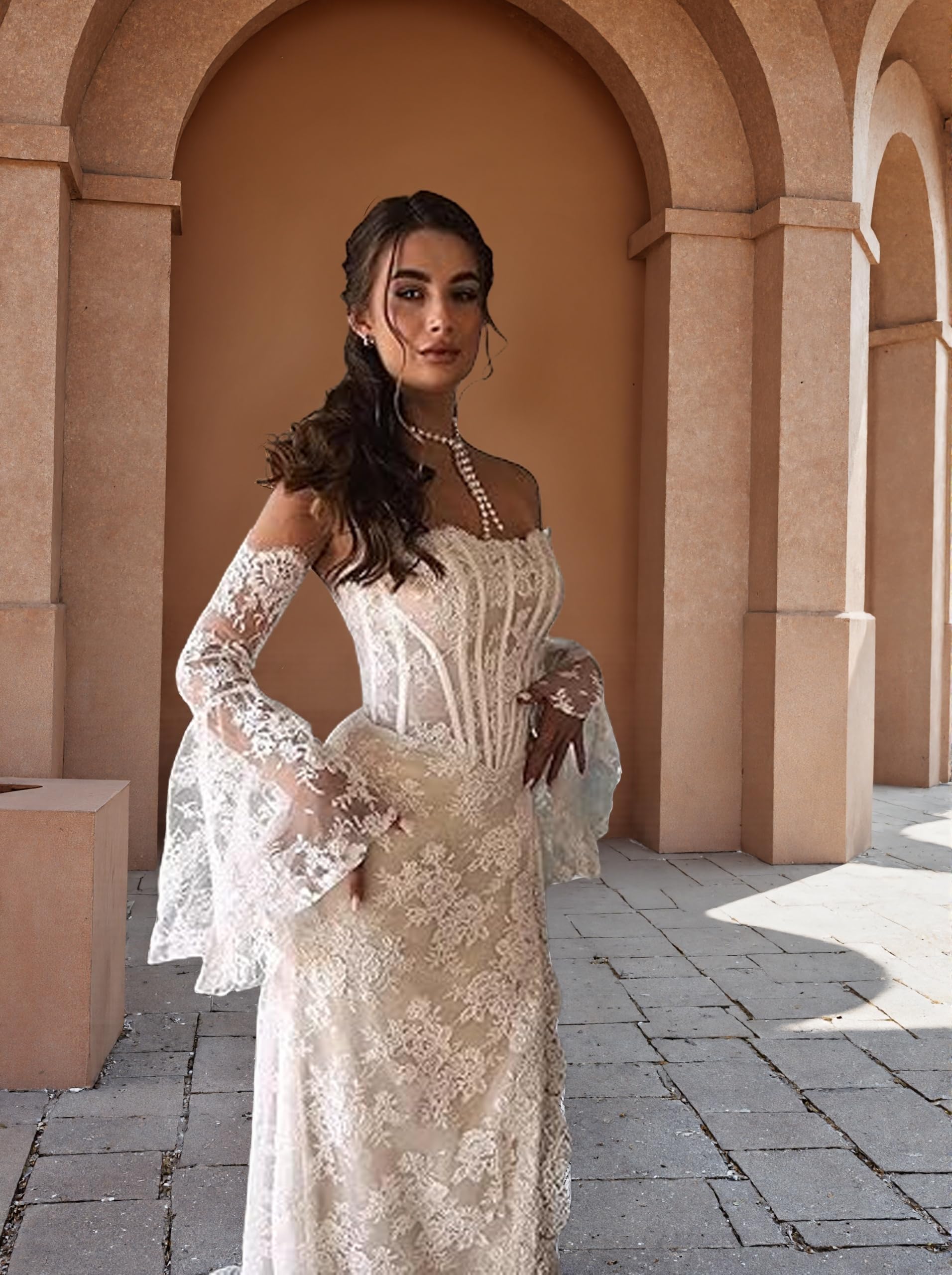 Meerjungfrauen-Hochzeitskleid mit Schleppe für die Braut Schulterfreie Brautkleider aus Spitze