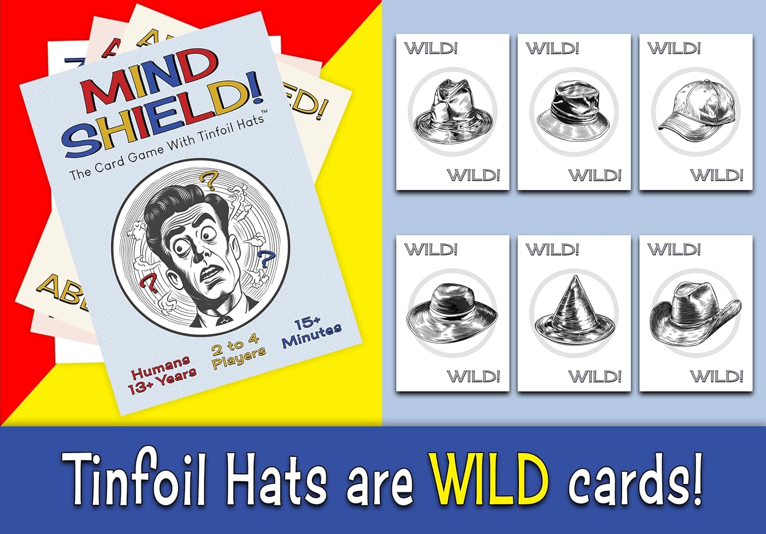 Mind Shield! The Card Game with Tinfoil Hats, Ages 13+, 2-4 Players, UFO Alien Conspiracy Theme, Game Night, Birthdays, or Gag Gift for Extraterrestrial, UAP, and Sci-Fi Enthusiasts.