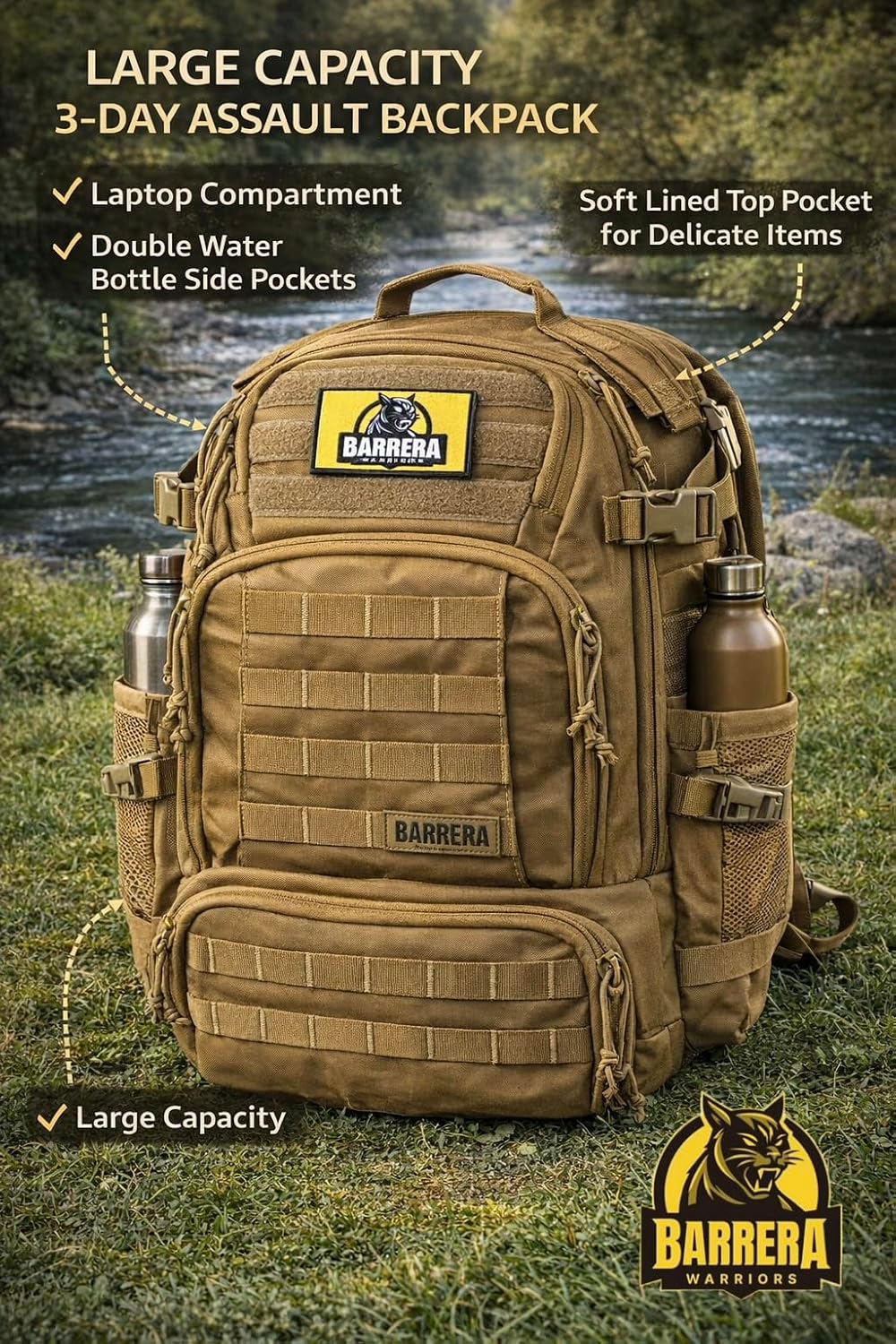 50L Tactical Backpack Military Rucksack - Heavy Duty 1000D Waterproof MOLLE Backpack, Large Capacity 3 Day Assault Bag for Camping, Hiking, Survival, Bug Out Bag (Coyote Brown/ Tan/ Military Tan)