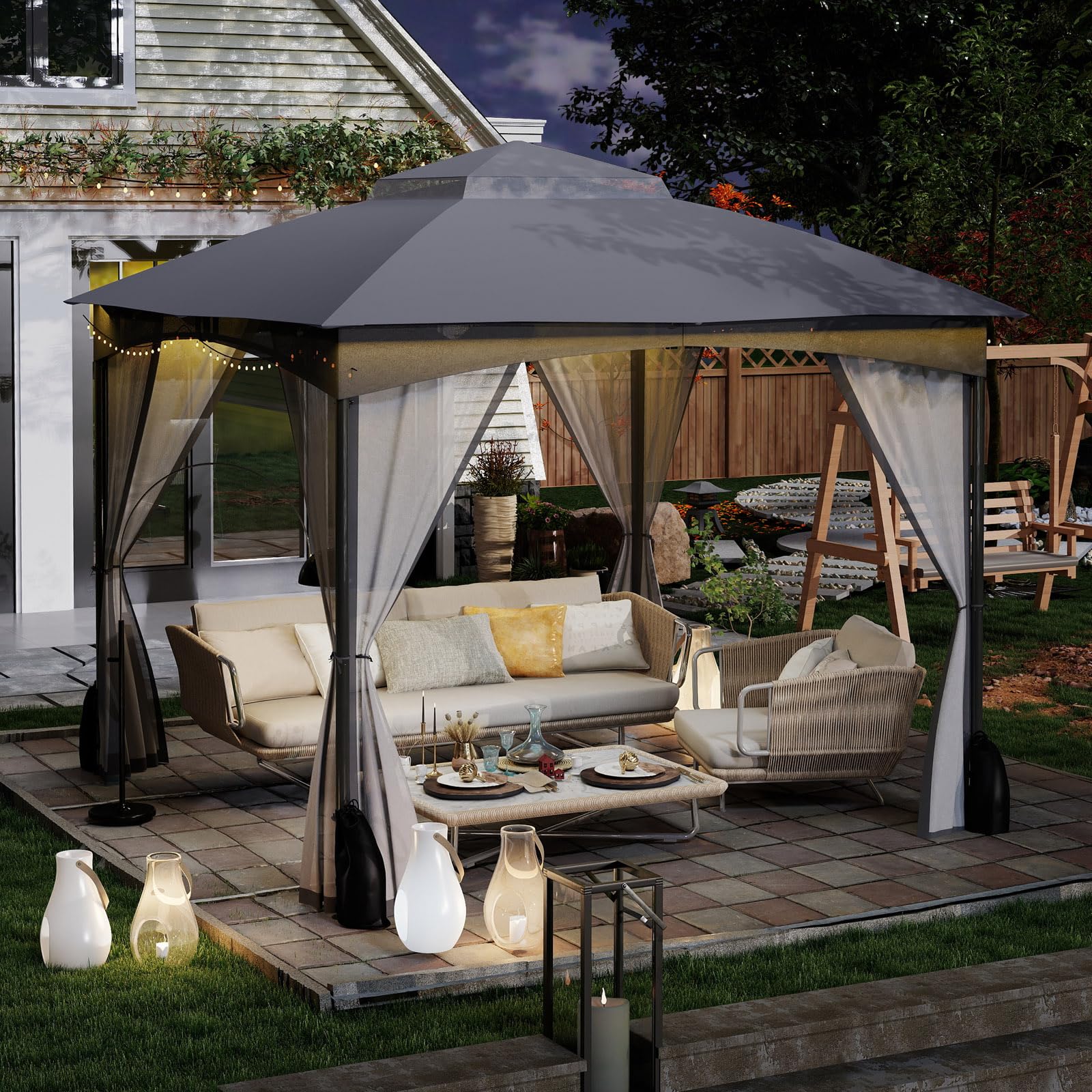COSTWAY Gazebo da Giardino 3 x 3 m, Gazebo Impermeabile con Rete Mesh Staccabile e Terro Ventilato a Doppio Strato, Tenda Regolabile in Altezza per Feste, BBQ e Picnic (Grigio)