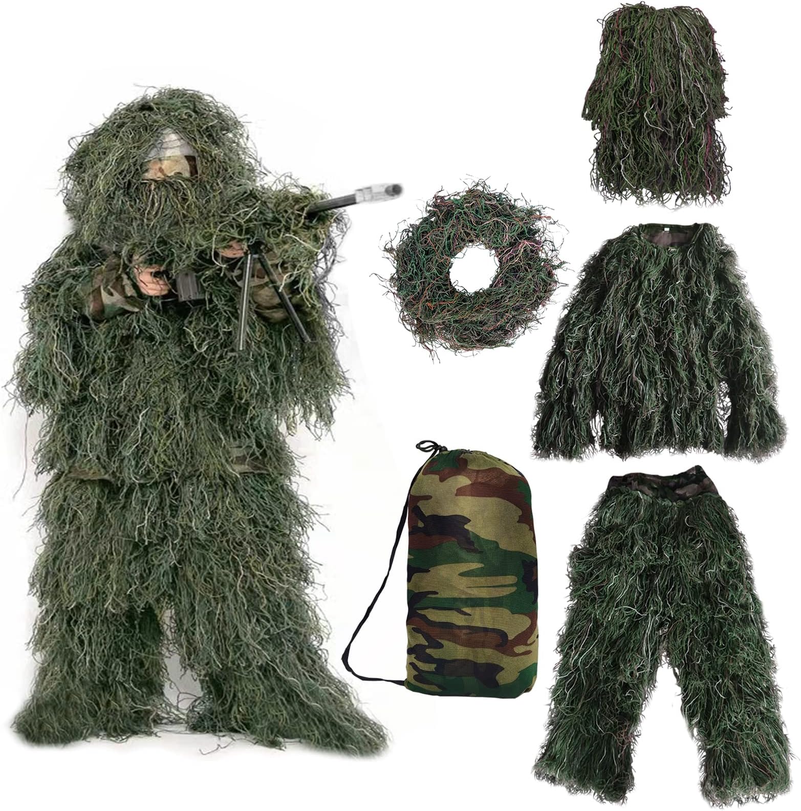 Ghillie Suit, 3D Camouflage Hunting Apparel 5 in 1 Woodland Camo Clothes Including Jacket, Pants, Hood, Carry Bag