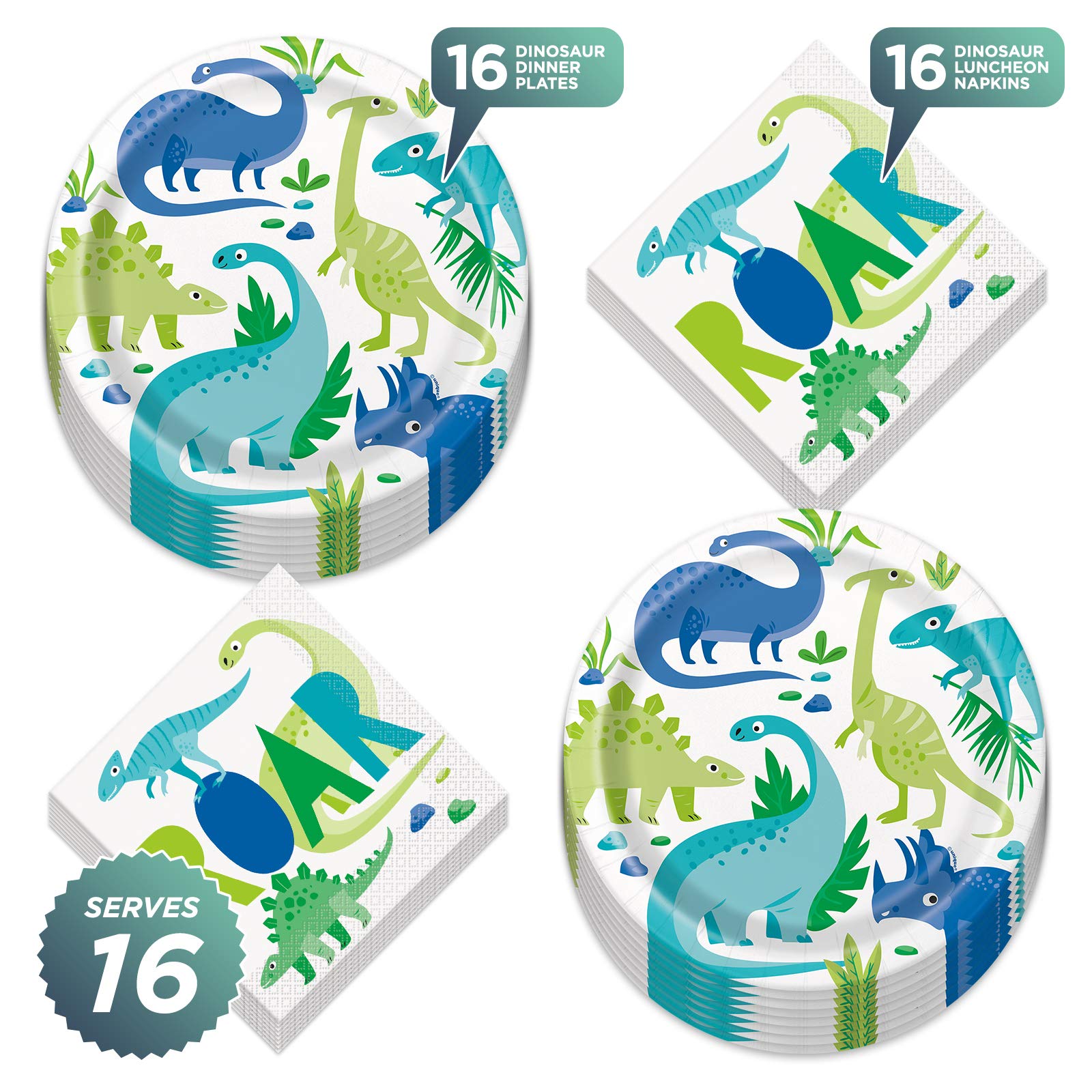 Platos de cena y servilletas de papel de dinosaurio azul y verde (sirve 16)