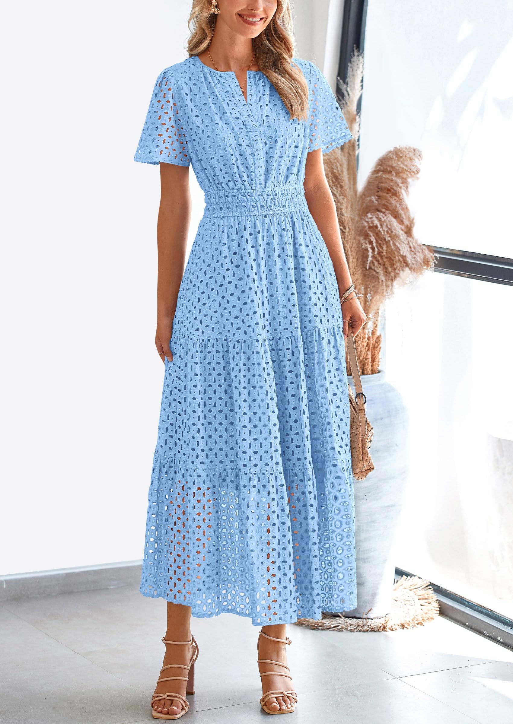 PRETTYGARDEN Womens 2026 Summer Maxi Dress Short Sleeve V Neck Hollow Out Eyelet A Line Long Flowy Beach Vacation Dresses: Light Blue Large