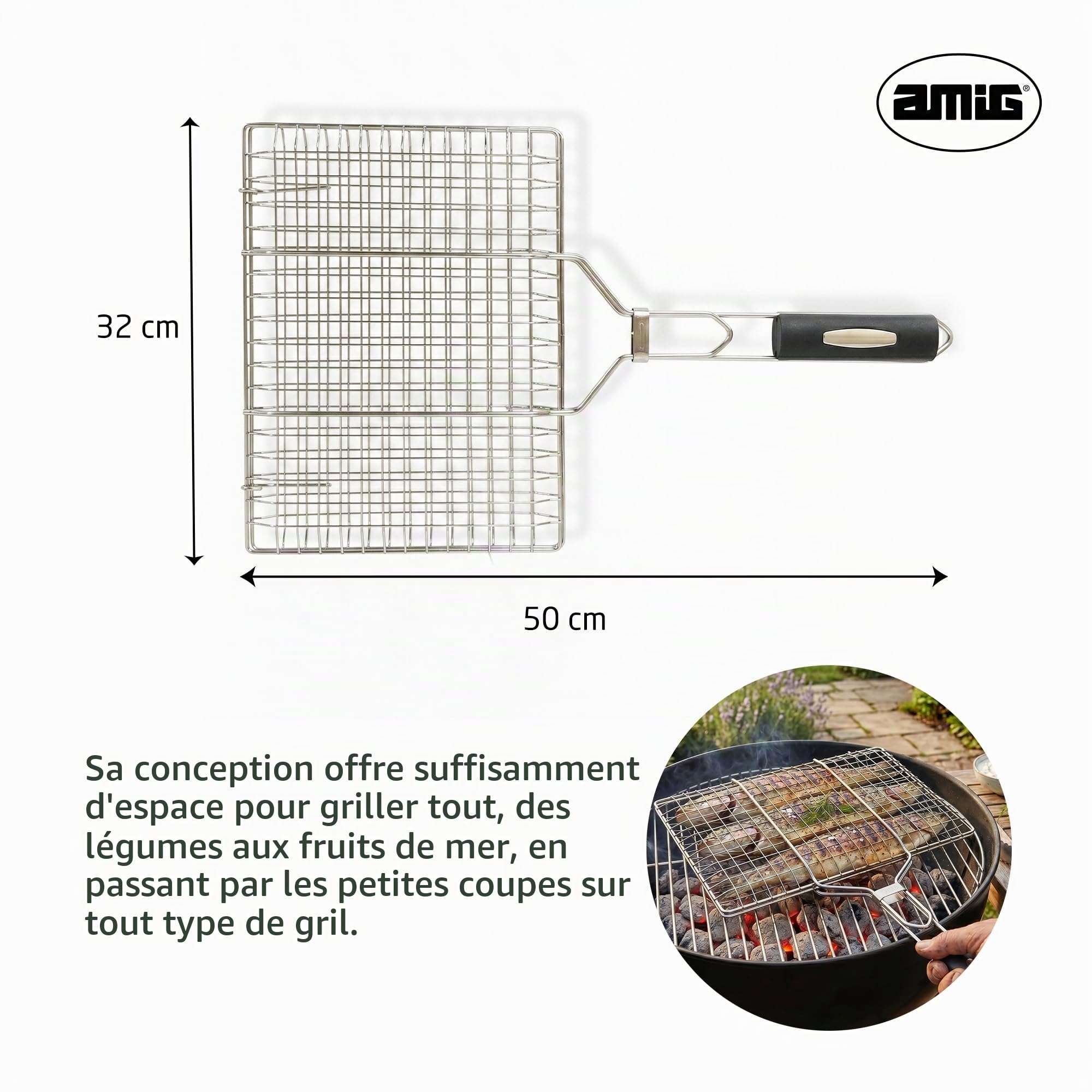 Amig - Grille Double pour Barbecue - 50 x 32 cm - Acier Inoxydable - Grille BBQ pour Viande et légumes - Mod. AM34