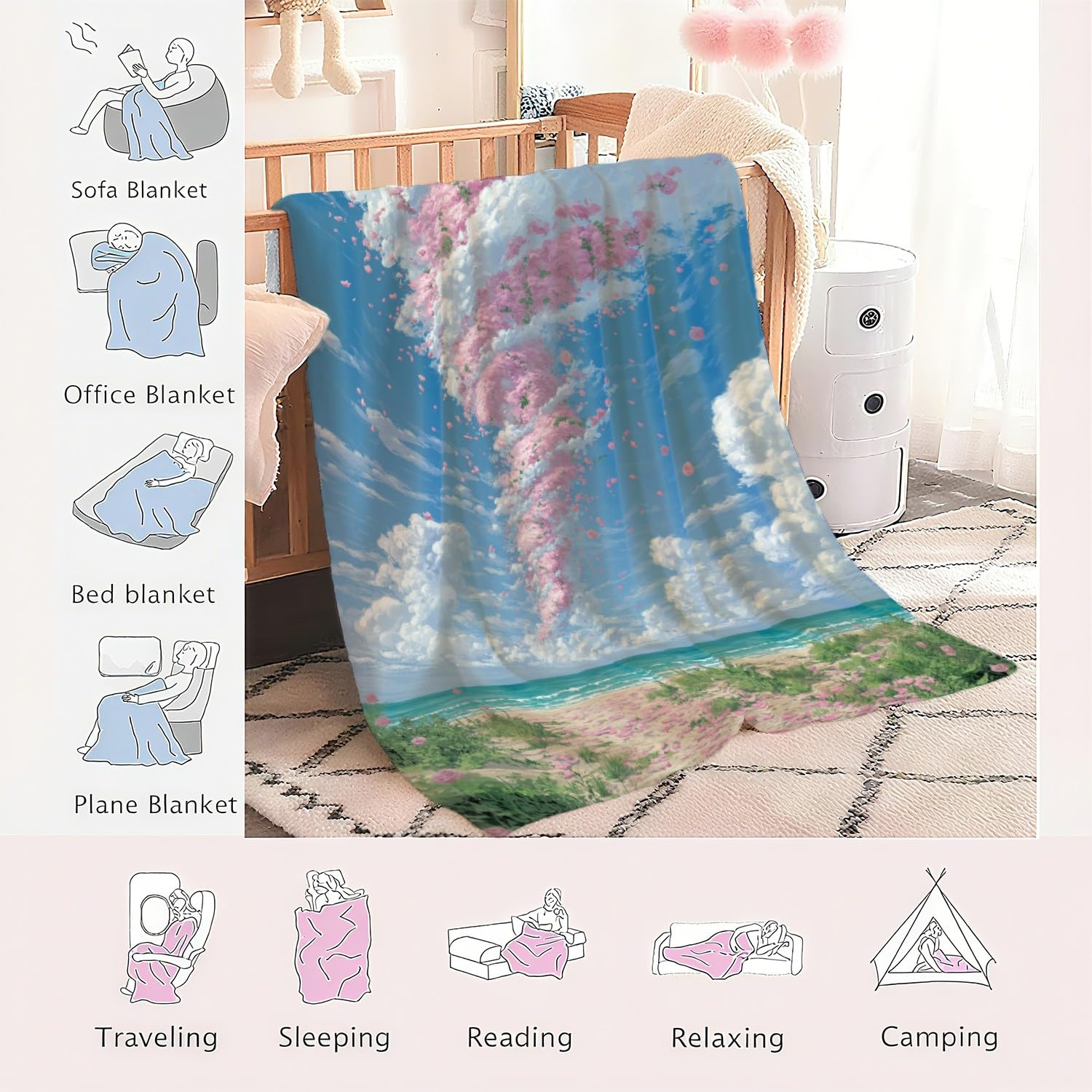Genérico Manta de Franela Manta de Cama de Doble Cara y Extra Gruesa Frazada de Sofá Ligera y Suave al Tacto Mullida y Térmica 200 x 240 cm Romántico Paisaje Viento Rosa