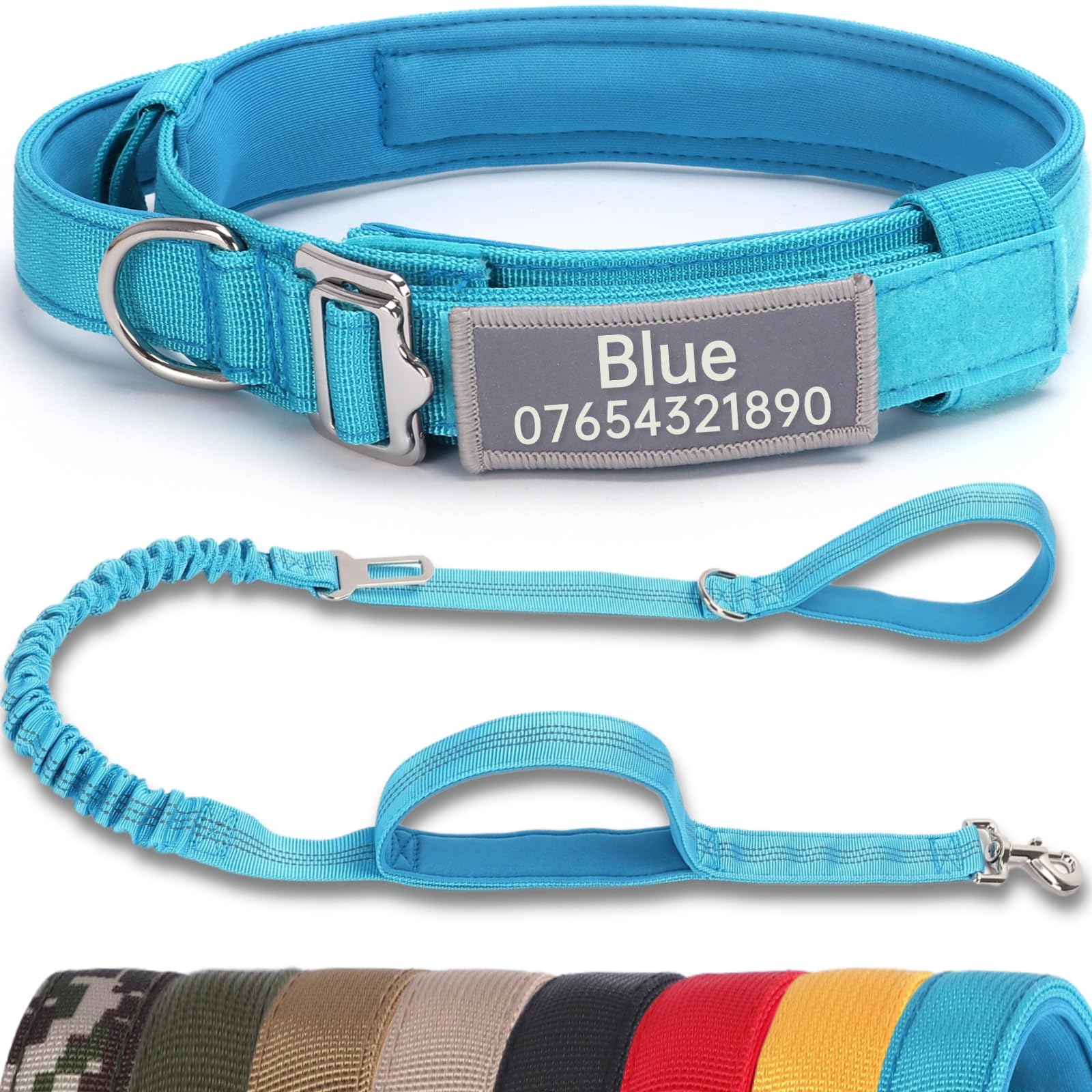 SEOUGEE Tactical Dog Collar Personalised with Handle and Leash Set, Soft Padded Dog Collars with Custom Reflective Name Patch, Pet Collars with Portable Buckle for Small Dogs (Sky Blue Set, S) — image 1
