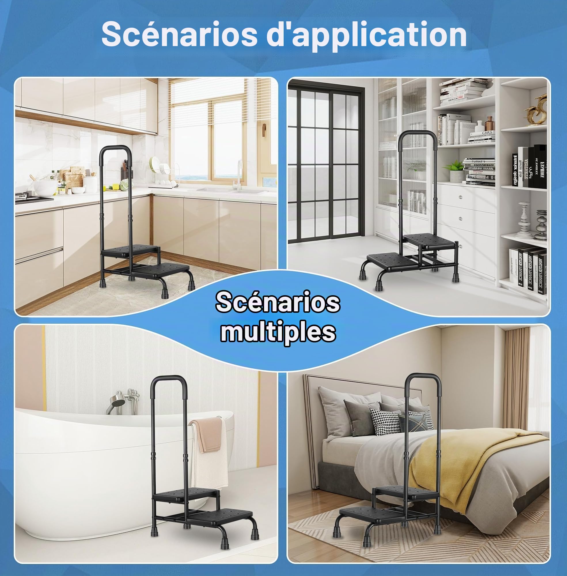 Escabeau Marchepied pour Lits Superposés Adultes - 2 Tabourets Réglables avec Main Courante, Plateforme Antidérapante, Usage Cuisine/Voiture/Caravane/Baignoire/Lit（Noir）